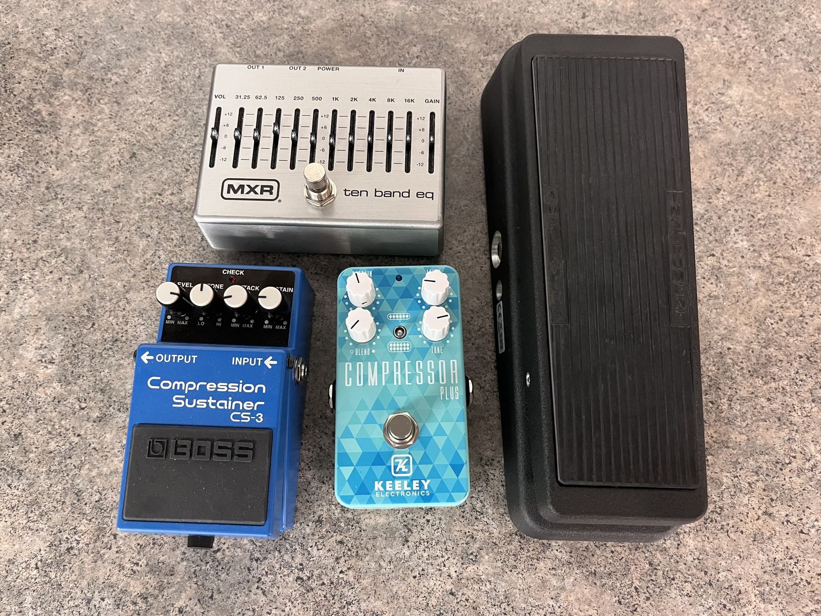 Metal Music Gear Setup by thquib featuring Dunlop GCB-95 Cry Baby, Boss CS-3 Compression Sustainer, and Keeley Compressor Plus Sweetwater LTD 4-Knob Compressor Pedal and 1 more piece of gear