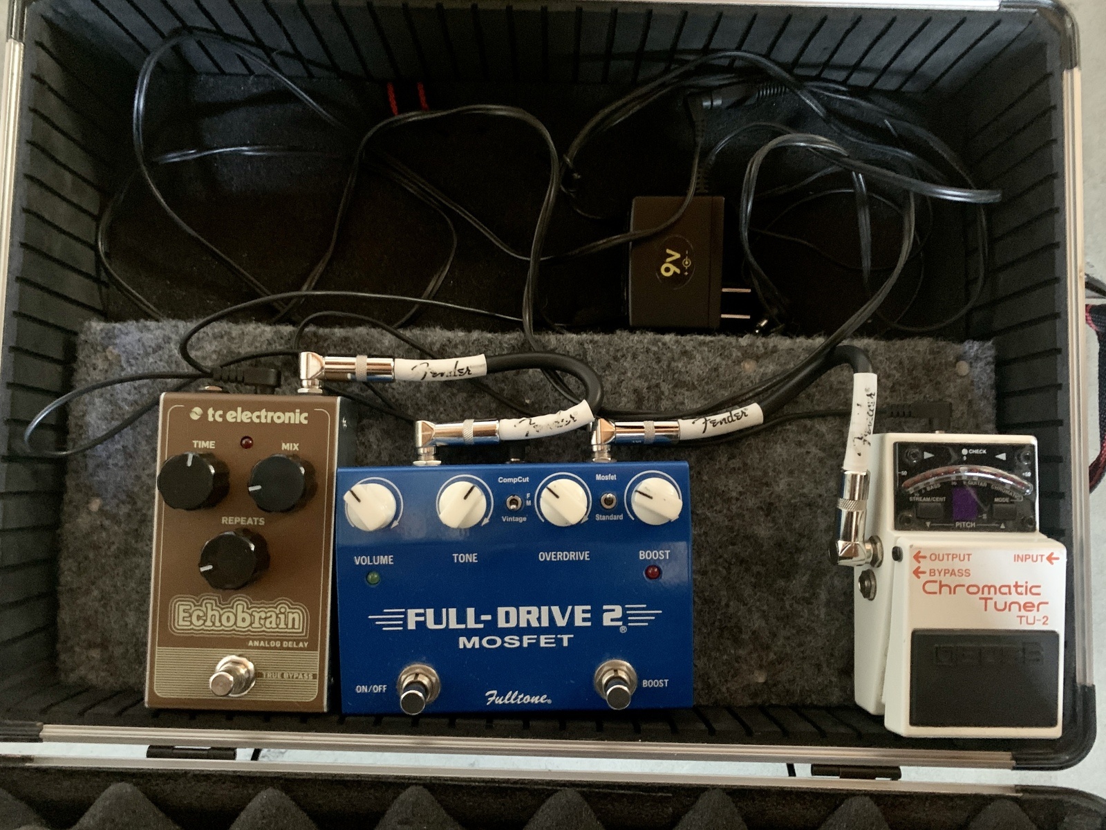 Pedalboard by tonylemieux featuring Boss TU-3 Chromatic Tuner, Fulltone Full-Drive2 Mosfet, and TC Electronic Echobrain Delay Pedal and 1 more piece of gear