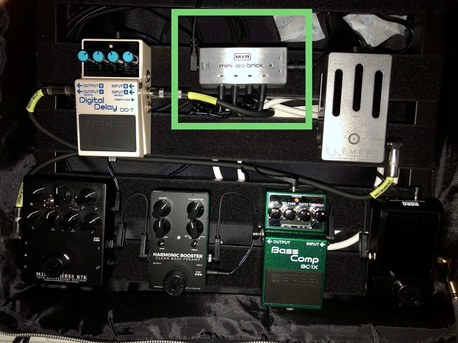 Metal Pedalboard by hopjumponetwo featuring Darkglass Electronics Microtubes B7K Analog Bass PreAmp, Korg Pitchblack Custom, and Boss DD-7 Digital Delay and 4 more pieces of gear