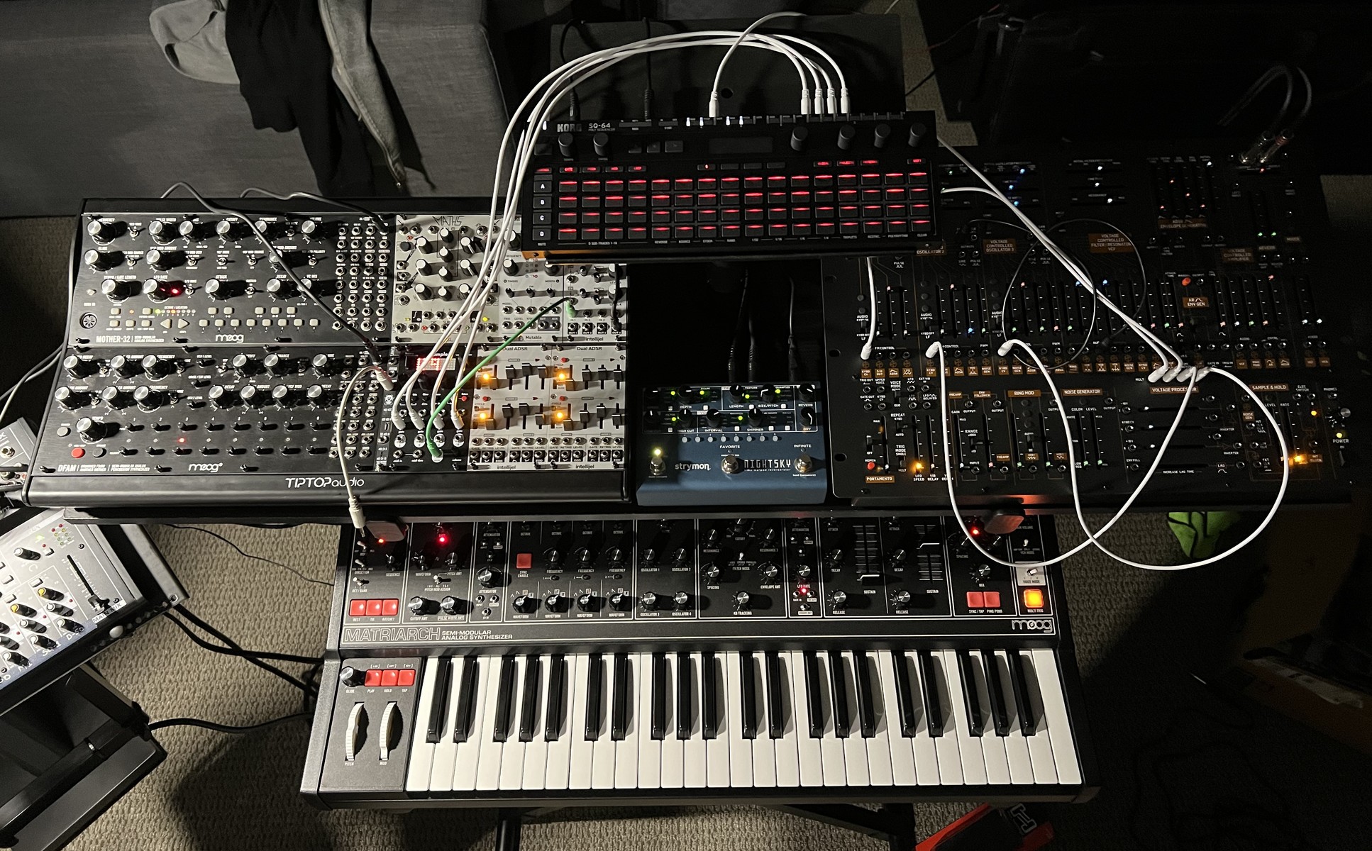 Electronic Studio Setup by viotones featuring Moog Matriarch (Dark Edition), Moog DFAM - Drummer From Another Mother, and Moog Mother-32 and 9 more pieces of gear
