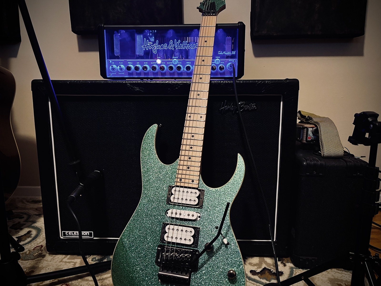 Studio Setup by maptaincorgan featuring Ibanez RG470MSP, Hughes & Kettner Tubemeister 36, and Harley Benton G212 Vintage