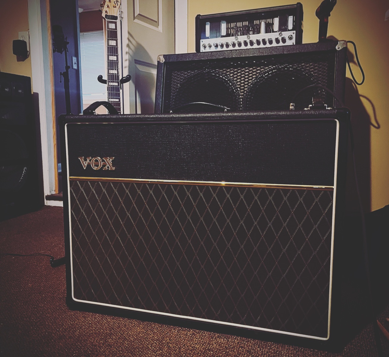 Studio Setup by maptaincorgan featuring Vox Custom Classic AC30CC2X 30W 2x12 Tube Guitar Combo Amp with Alnico Blues, Carvin C412T Legacy 4x12 Cabinet, and Hughes & Kettner Tubemeister 36 and 1 more piece of gear