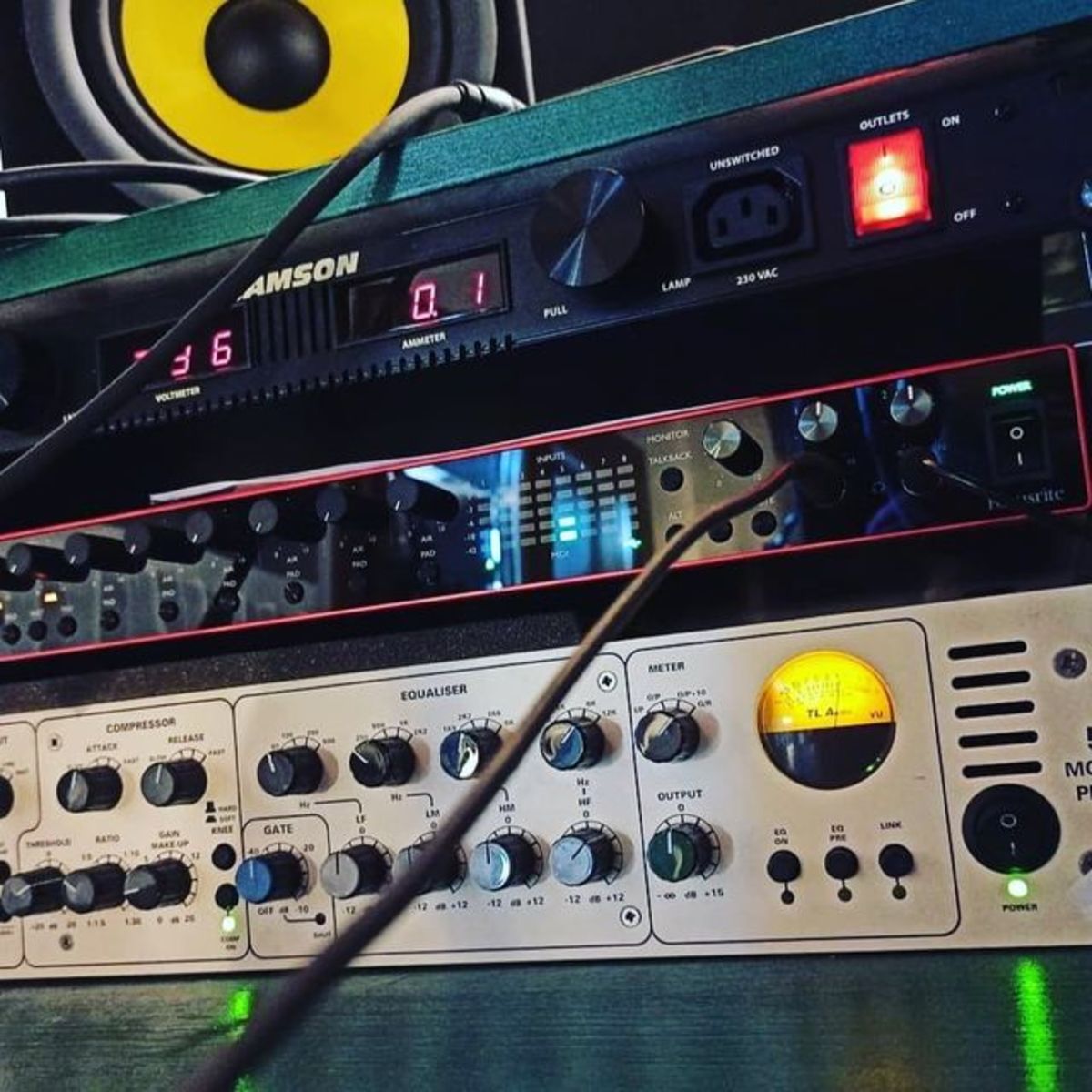 Electronic Studio Setup by madt3o featuring Focusrite Scarlett 18i20, KRK ROKIT 8 G2 Studio Monitor, and TL Audio Ivory 2 Series 5051