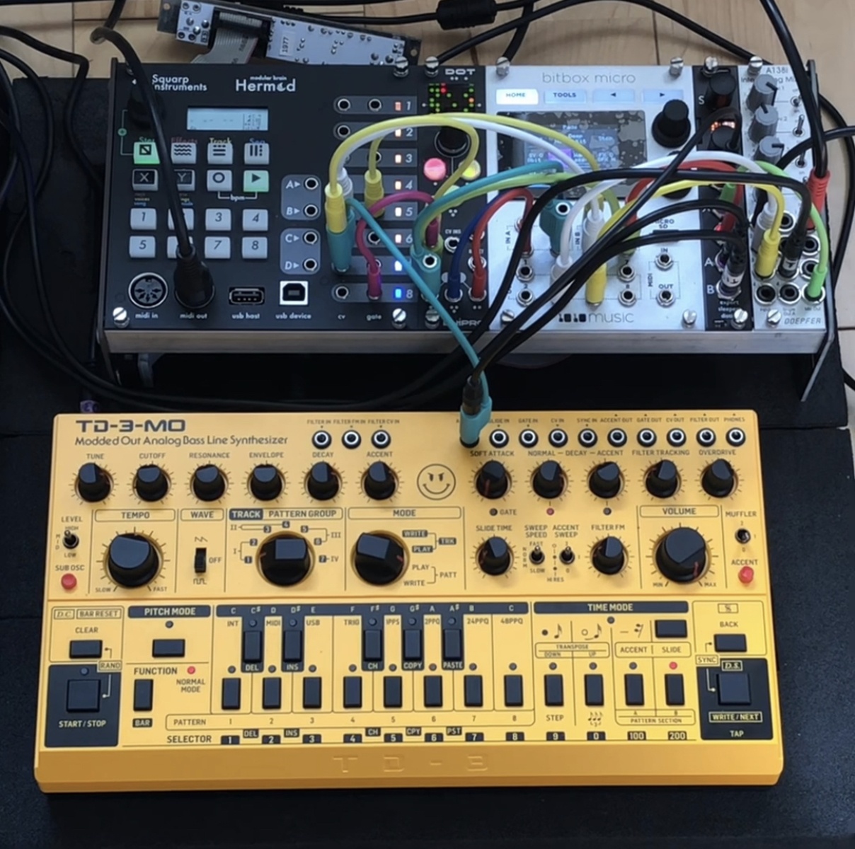 Live Rig by kafkaforpresident featuring Behringer TD-3-MO Modded Out Analog Bass Line Synthesizer, Squarp Instruments Hermod Modular Brain, and Expert Sleepers Disting Mk4 and 1 more piece of gear