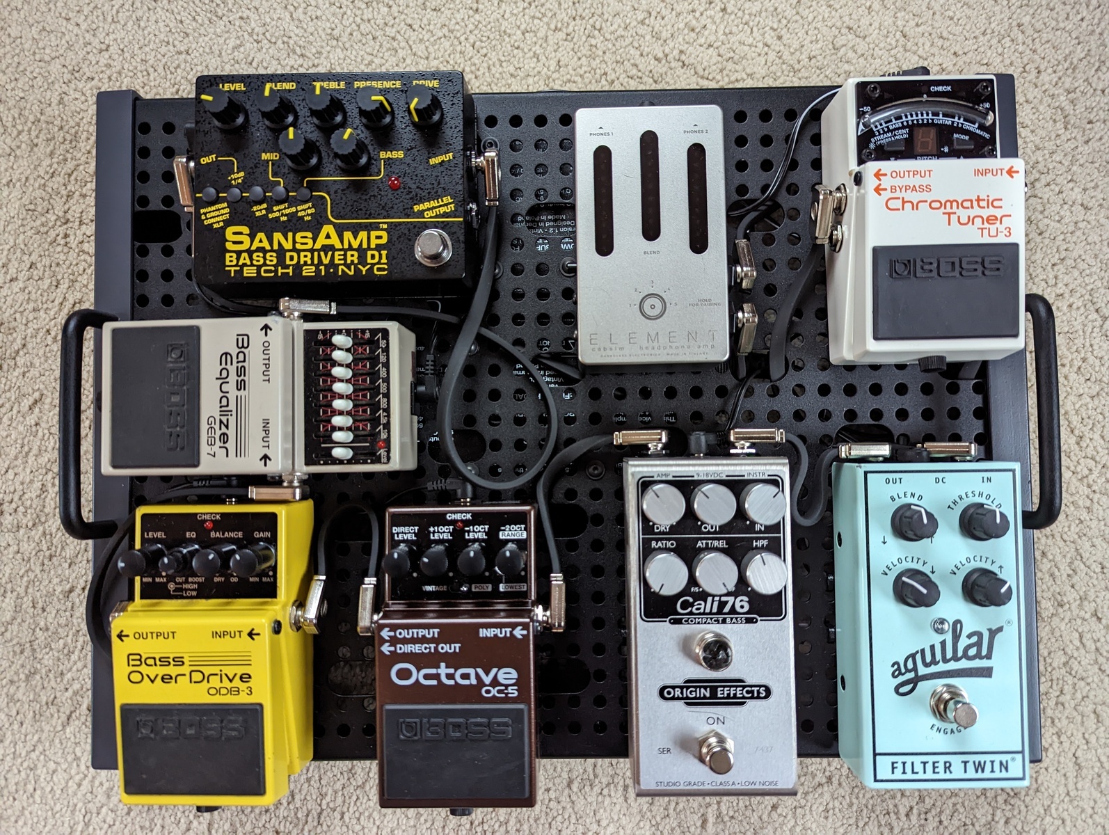 Pedalboard by johnthunder featuring Tech 21 SansAmp Bass Driver Direct Input, Darkglass Electronics The Element, and Boss TU-3 Chromatic Tuner and 8 more pieces of gear