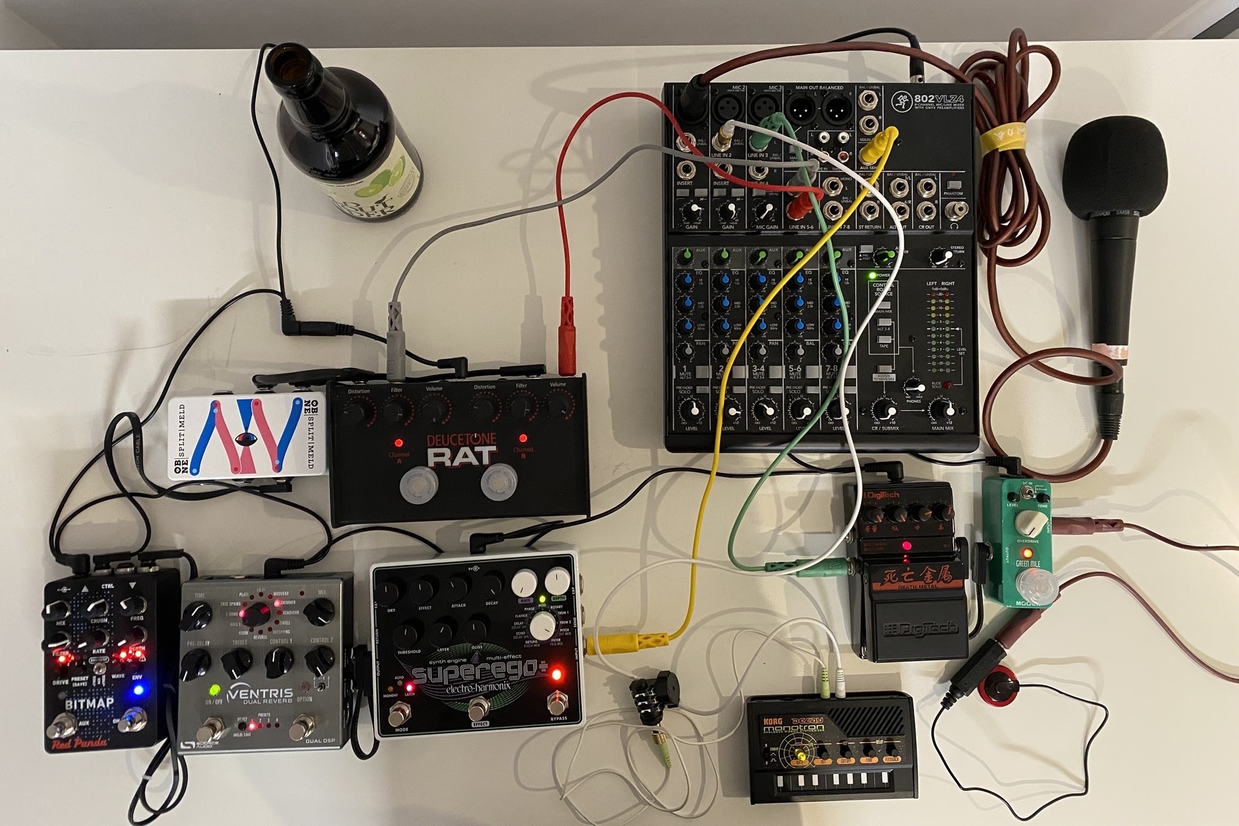 Pedalboard by mradler featuring Shure SM58, Mackie 802-VLZ4, and Mooer Green Mile and 7 more pieces of gear