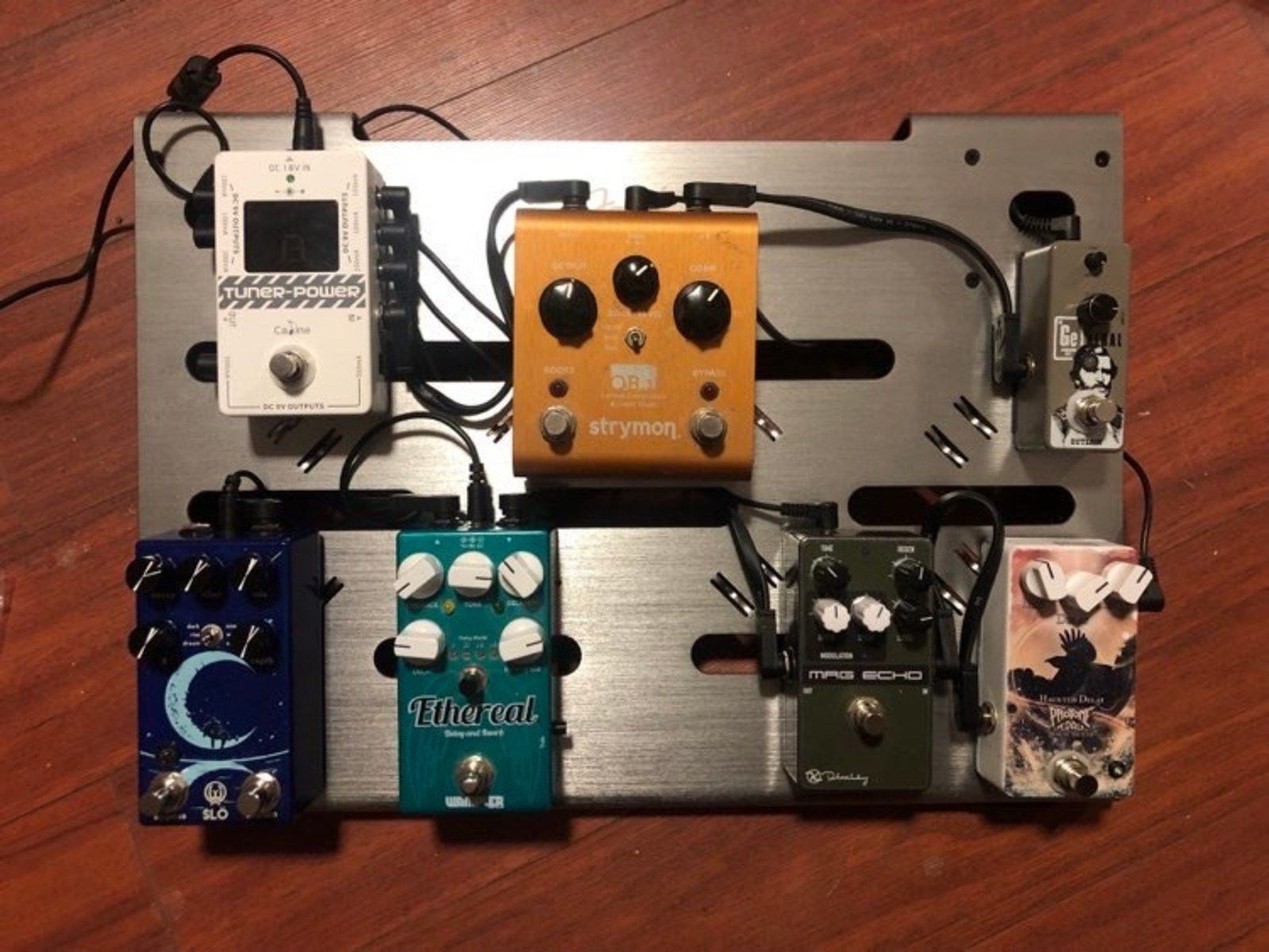 Pedalboard by versesaverted featuring Caline tuner power, Strymon OB.1 Optical Compressor & Clean Boost, and Outlaw Effects The General Germanium Fuzz and 5 more pieces of gear