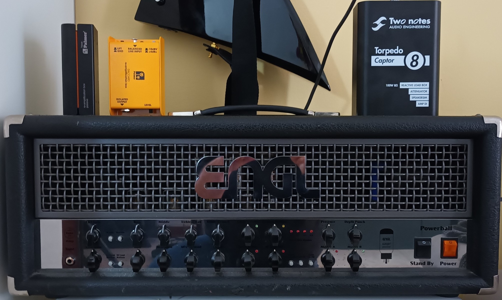 Metal Studio Setup by leh featuring Engl E645 PowerBall Head, Palmer DACCAPO Re-Amplification Box, and Palmer Audio Trave Passive Re-amplification Box and 1 more piece of gear