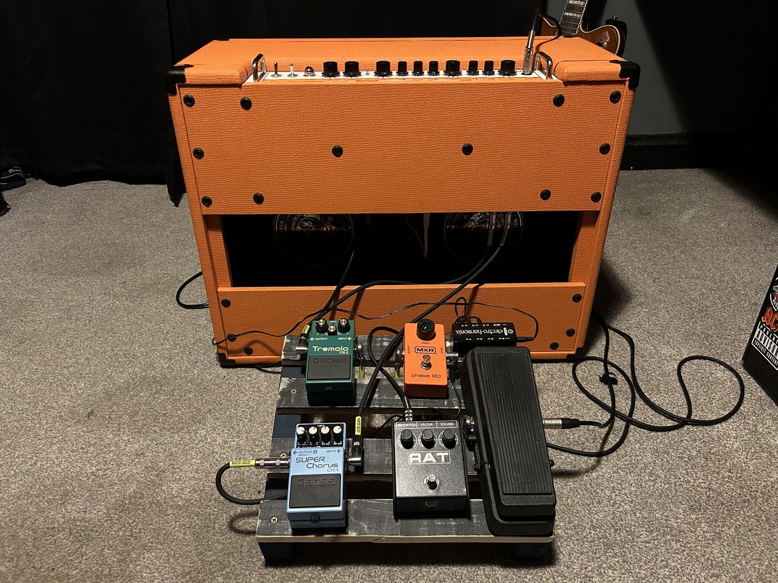 Pedalboard by yorkshire21j featuring Orange Amplifiers Crush Pro CR120C 120W 2x12 Guitar Combo Amp, Dunlop GCB-95 Cry Baby, and Pro Co RAT 2 and 3 more pieces of gear