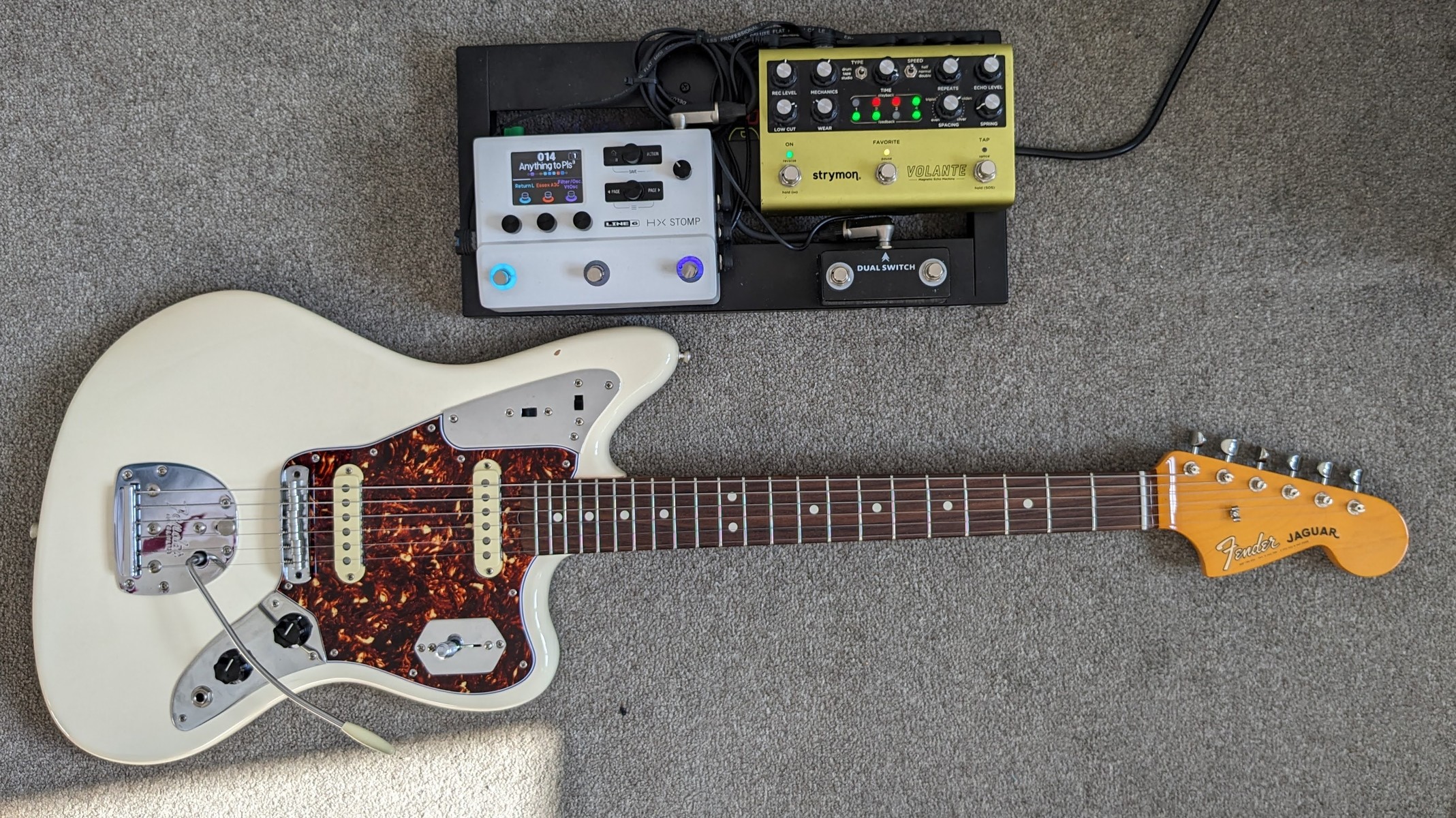 Metal Pedalboard by gabrielrice6 featuring Line 6 HX Stomp Guitar Multi-Effects Floor Processor, Fender Johnny Marr Signature Jaguar, and Strymon Volante Magnetic Echo Machine