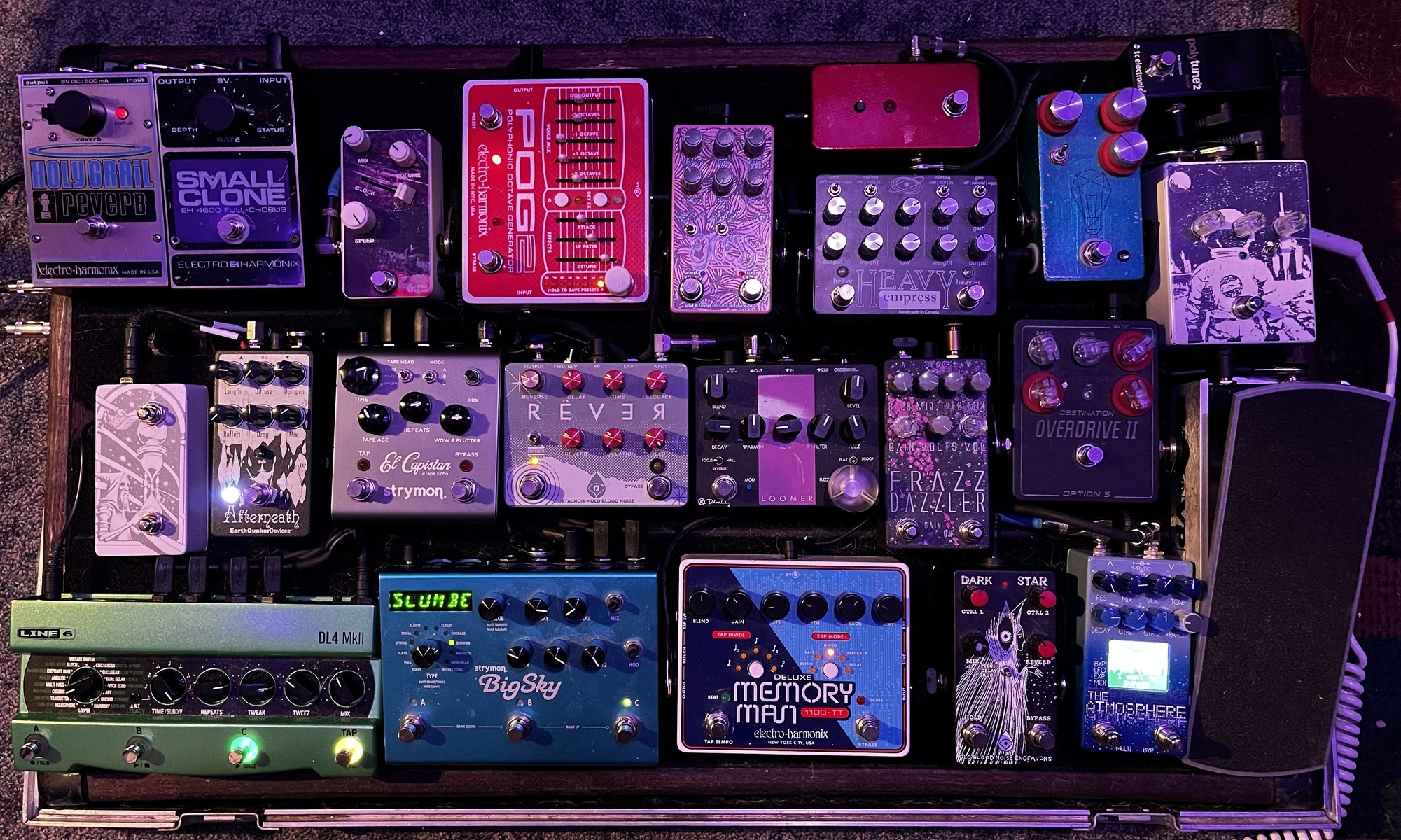 Music Gear Setup by nathaniel_danger_fitzgerald featuring Old Blood Noise Endeavors EXCESS V2 DISTORTING MODULATOR, Keeley Loomer, and Datachoir x Old Blood Noise Endeavors Rêver Reverse Delay and Reverb Version 2 and 14 more pieces of gear