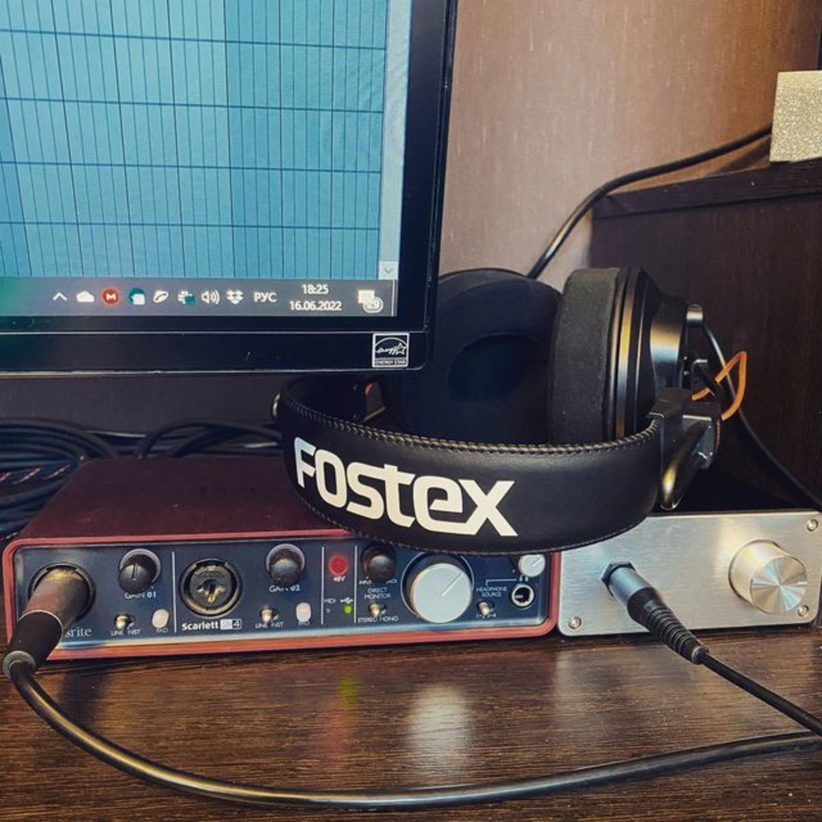 Electronic Studio Setup by perceptronic featuring Fostex T50rp Mk3 Studio Headphones (Semi-Open) and Focusrite Scarlett 2i4