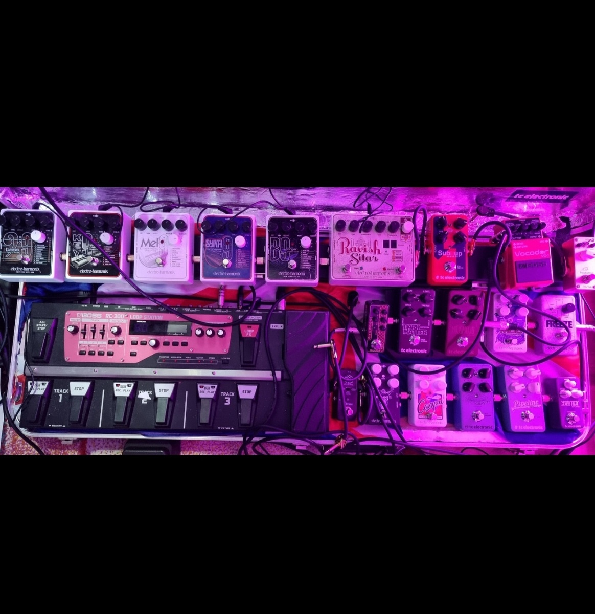 Electro-Harmonix Pedalboard by motty_j featuring Electro-Harmonix Ravish Sitar, TC Electronic Dark Matter Distortion, and TC Electronic Sub 'N' Up Octaver and 17 more pieces of gear