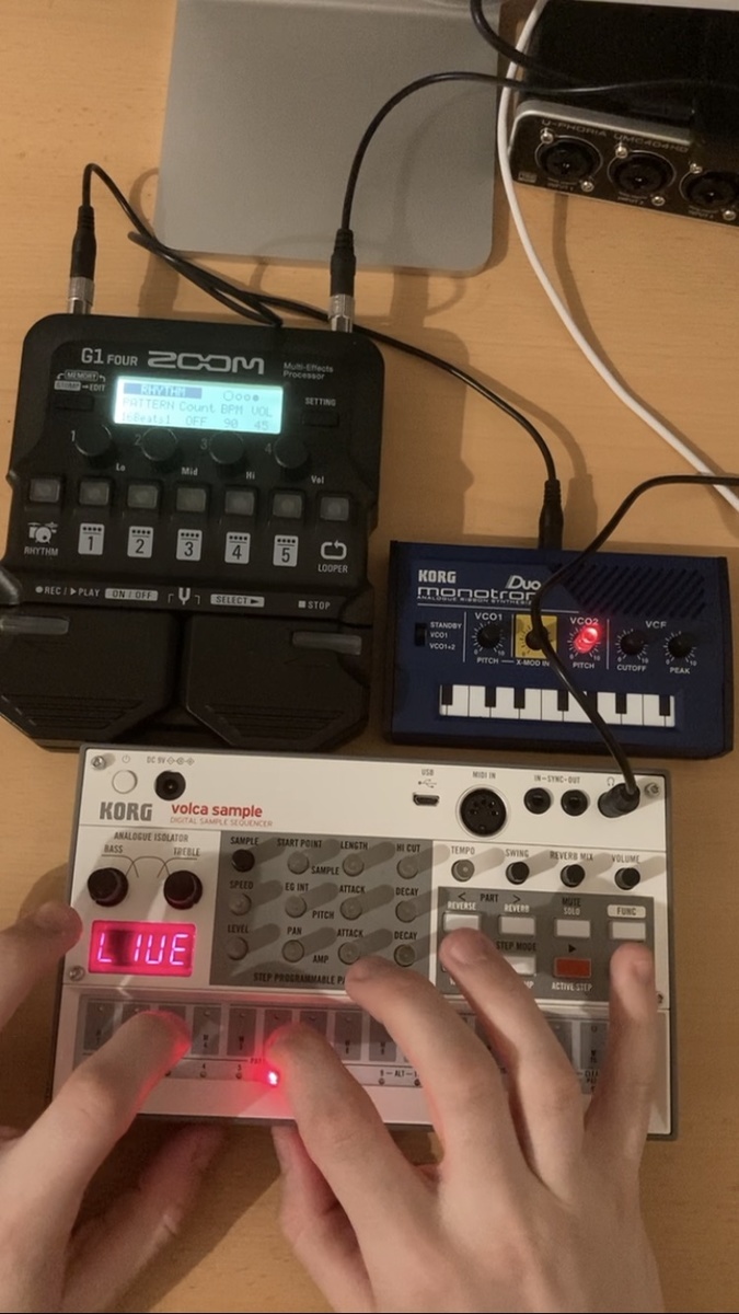 Electronic Synth Setup by jiri_smolik featuring Korg Volca Sample 2, Korg Monotron DUO Analog Ribbon Synthesizer, and Zoom G1 Four