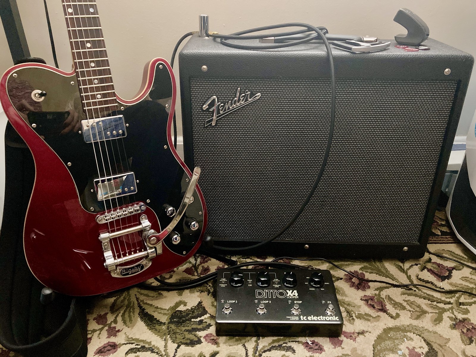 Amp Rig by whoaconstrictor featuring Schecter PT Fastback II B, Fender Mustang GTX100, and TC Electronic Ditto X4 Looper and 1 more piece of gear