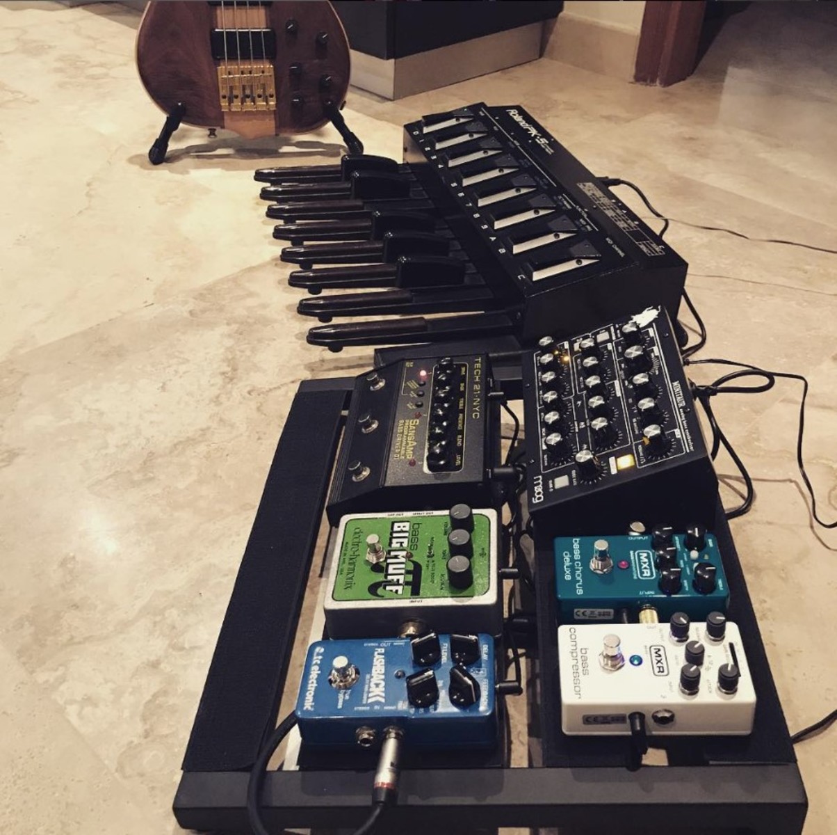 Pedalboard by adriancalimang featuring Roland PK5 Dynamic MIDI Pedal, Electro-Harmonix Bass Big Muff Pi Fuzz, and MXR M87 Bass Compressor and 5 more pieces of gear