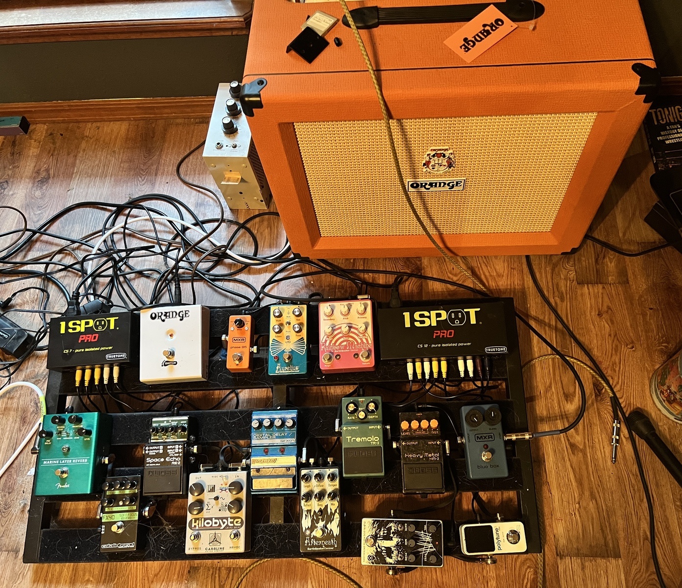Pedalboard by timebaby featuring Orange Amplifiers Crush Pro CR60C 60W Guitar Combo Amp, MXR M103 Blue Box, and Boss HM-2 Heavy Metal and 14 more pieces of gear