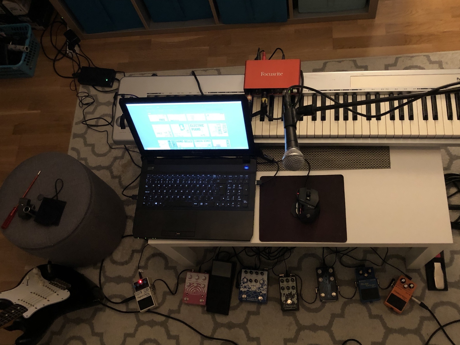 Pedalboard by throughnightskies featuring Fender Stratocaster Electric Guitar, Focusrite Scarlett 2i2 2nd Gen, and Shure SM58 and 11 more pieces of gear