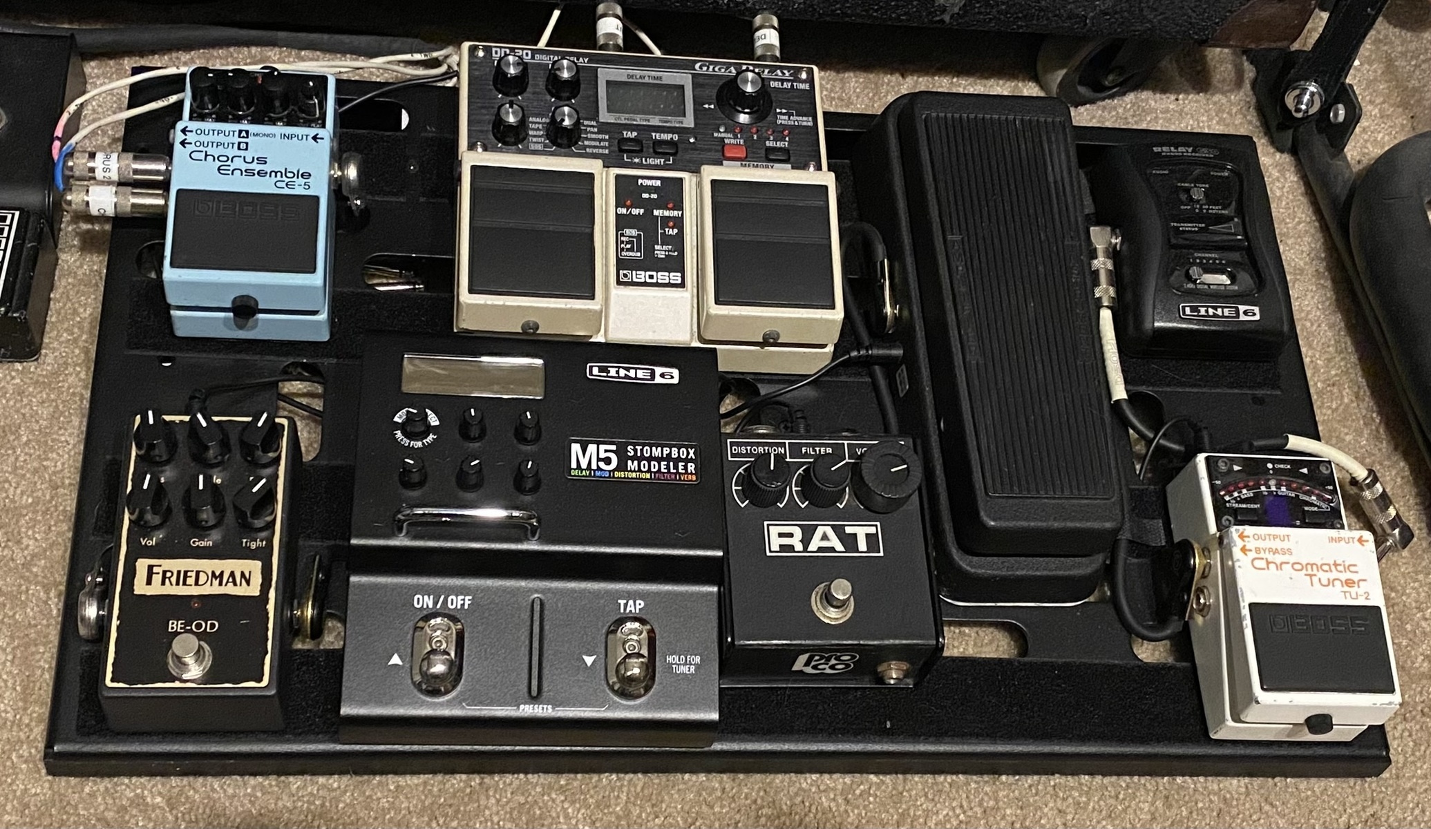 Pedalboard by noizman featuring Boss DD-20 Giga Delay, Line 6 M5 Stompbox Modeler, and Pro Co RAT 2 and 3 more pieces of gear