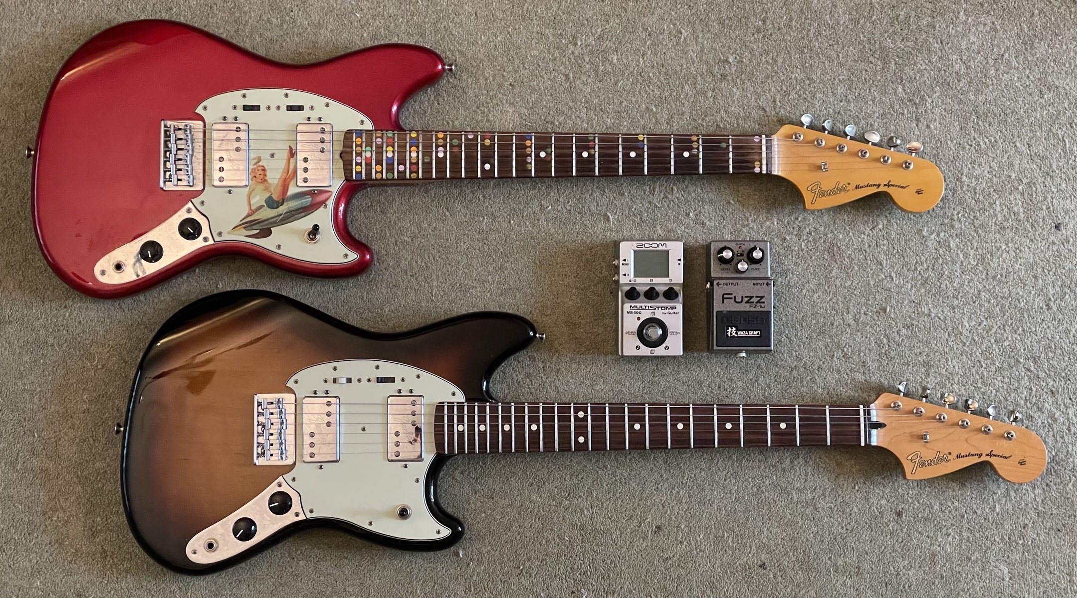 Fender Pedalboard by mylittleeye featuring Fender Pawn Shop Mustang Special, Fender Pawn Shop Series Mustang Special, and Boss FZ-1W Fuzz Waza Craft and 1 more piece of gear