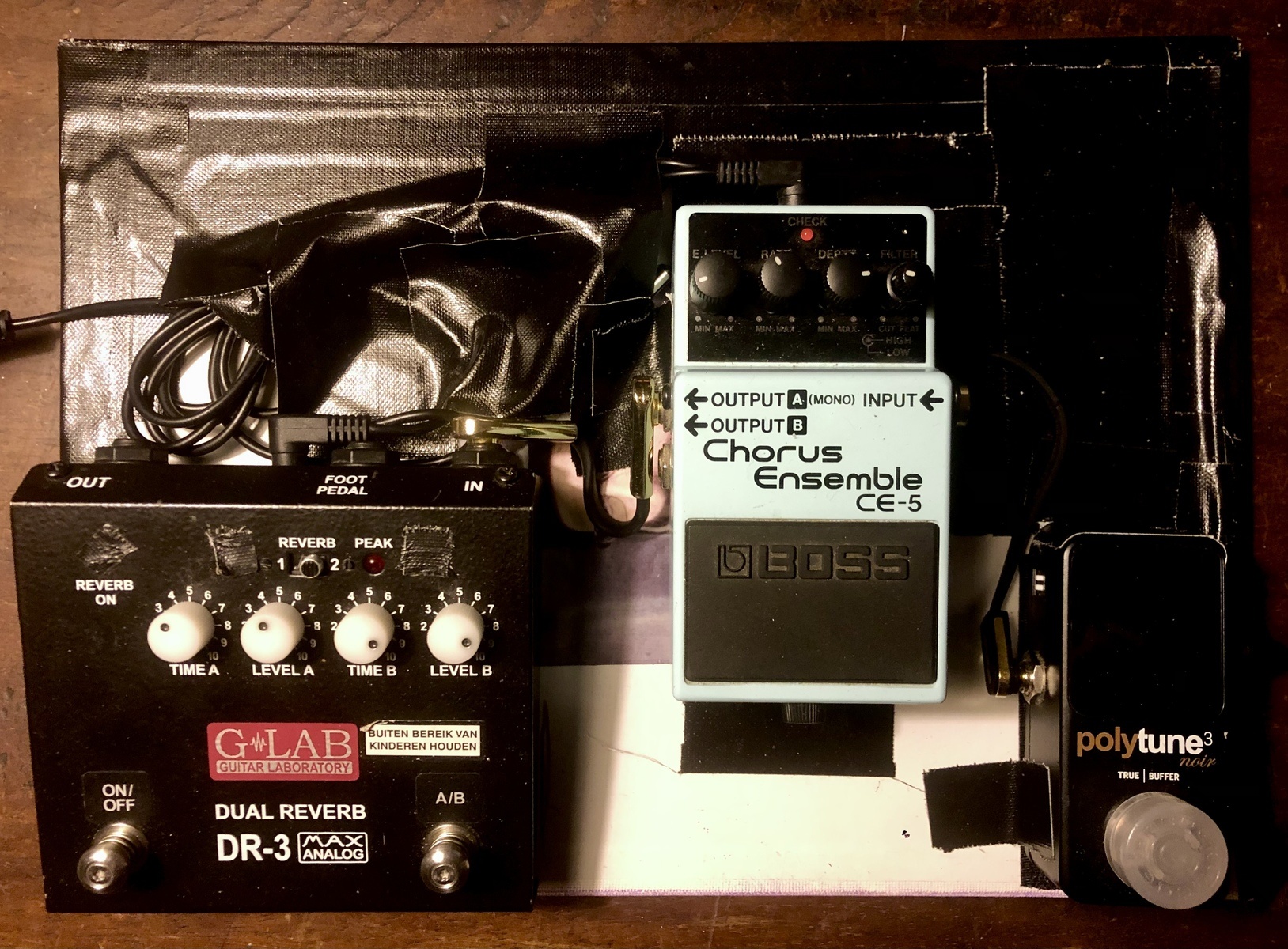 Metal Pedalboard by jimdegroot featuring G-LAB Dual Reverb DR-3 Pedal, Boss CE-5 Chorus Ensemble, and TC Electronic PolyTune 3 Noir