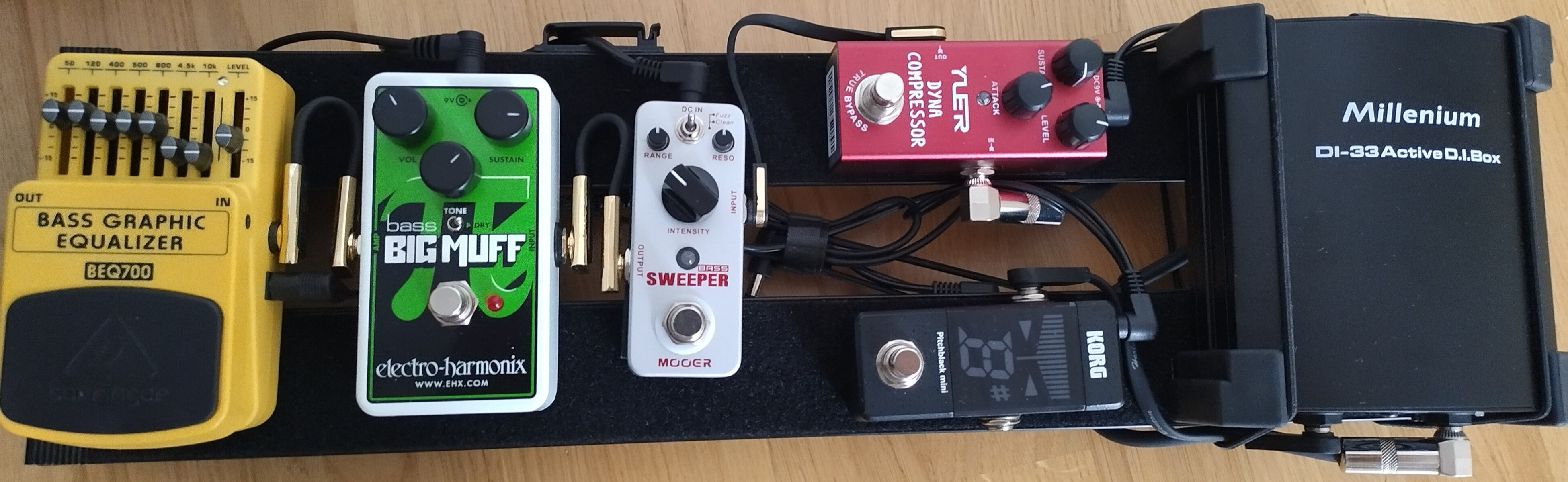 Pedalboard by lincolnpires featuring Millenium DI-33, Mooer Bass Sweeper, and Electro-Harmonix Nano Bass Big Muff Pi Fuzz and 2 more pieces of gear
