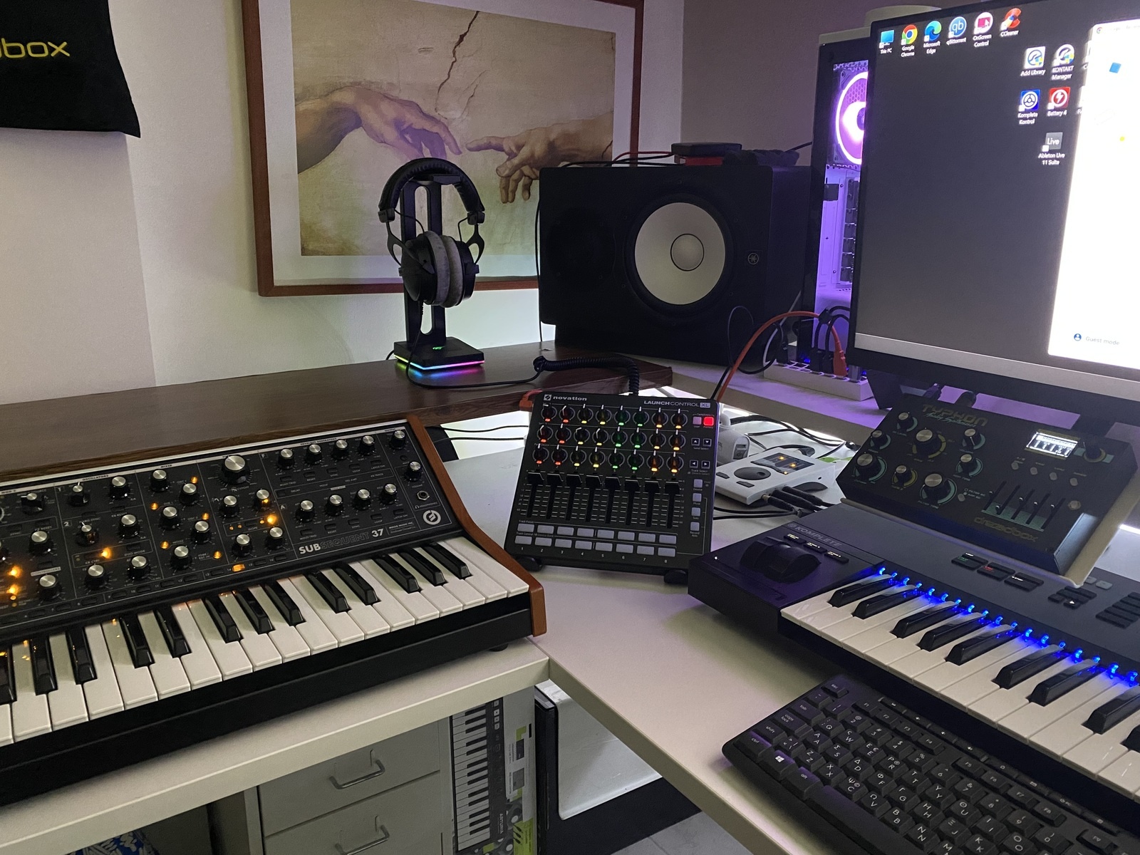Electronic Synth Setup by vangart featuring Moog Subsequent 37, Yamaha HS8, and Novation Launch Control XL and 4 more pieces of gear