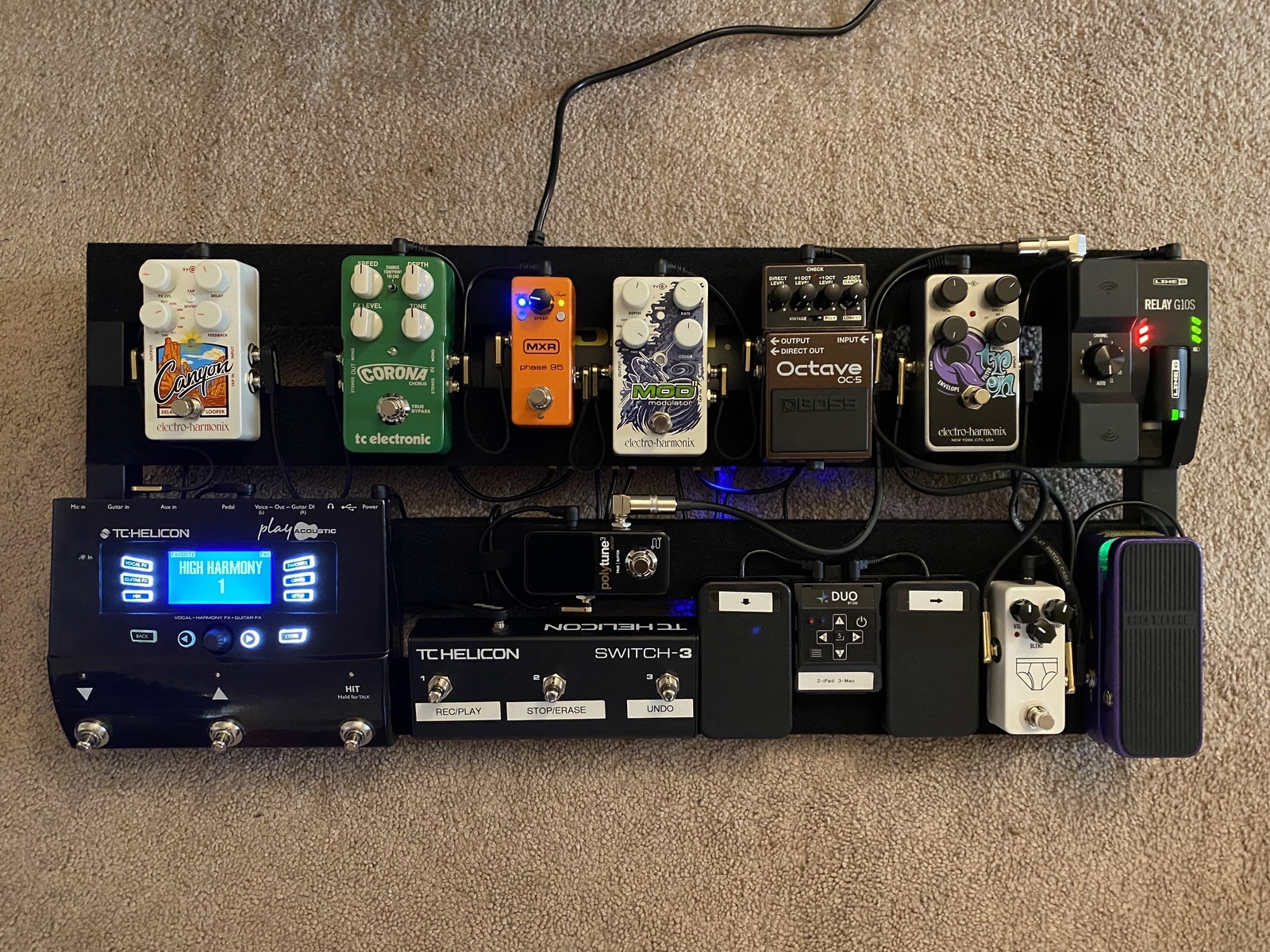 Metal Pedalboard by chrispacoustic featuring Line 6 Relay G10S, Electro-Harmonix Nano Q-Tron, and Hotone Vow Press Volume/Wah and 11 more pieces of gear