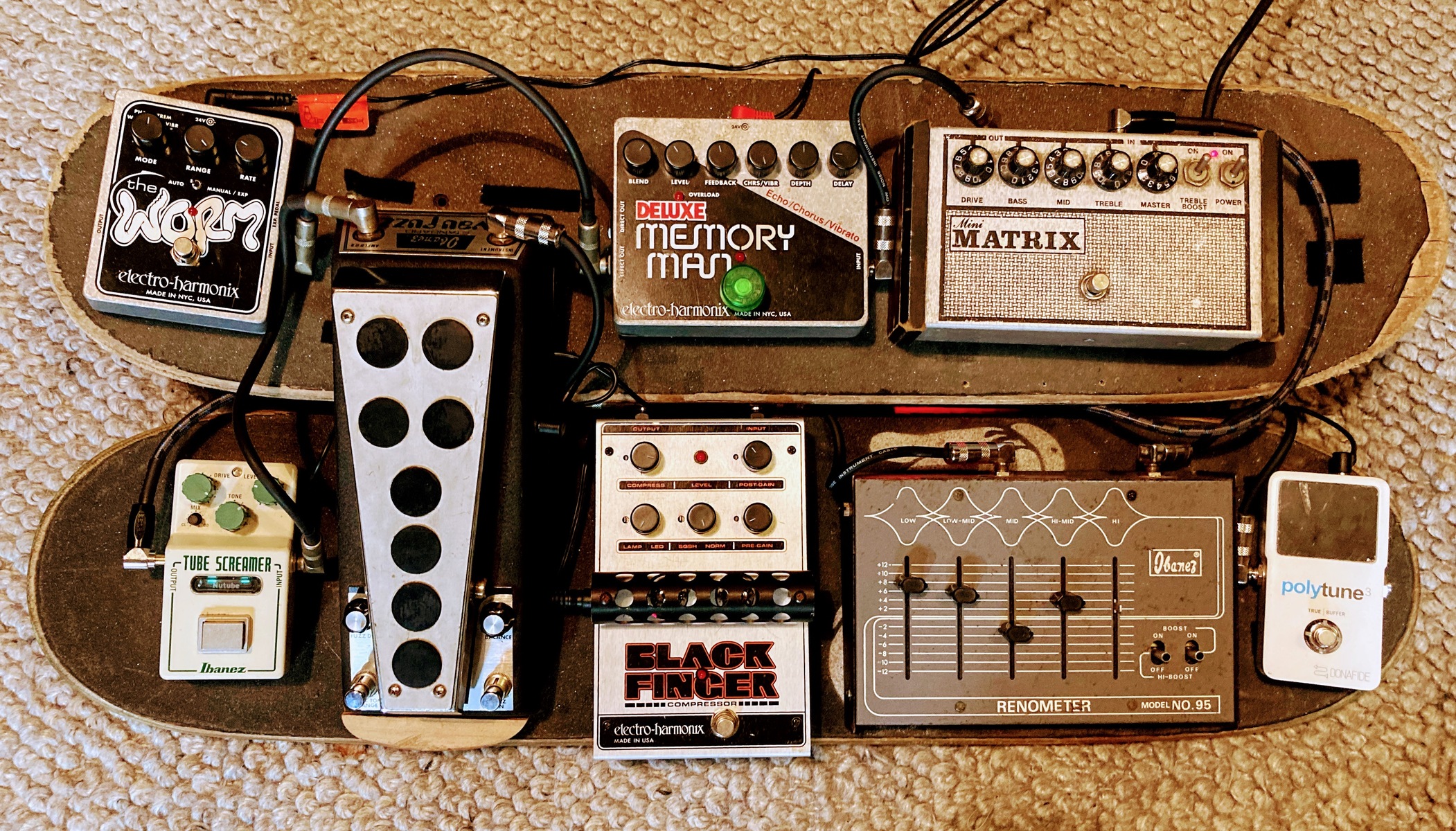 Pedalboard by boopbohead featuring TC Electronic Polytune 2, Ibanez No.95 Renometer EQ/Boost Pedal, and Electro-Harmonix Classics Black Finger and 5 more pieces of gear