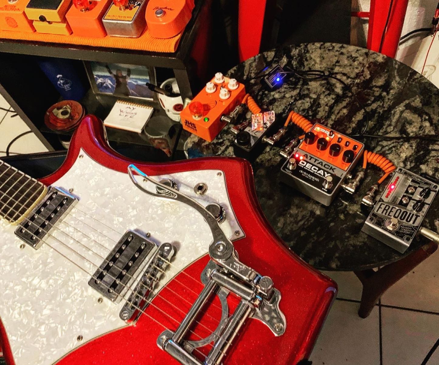 Pedalboard by andreberaldino featuring DigiTech FreqOut Natural Feedback Creator, Electro-Harmonix Attack Decay Tape Reverse Simulator, and Xotic SL Drive Chrome and 6 more pieces of gear