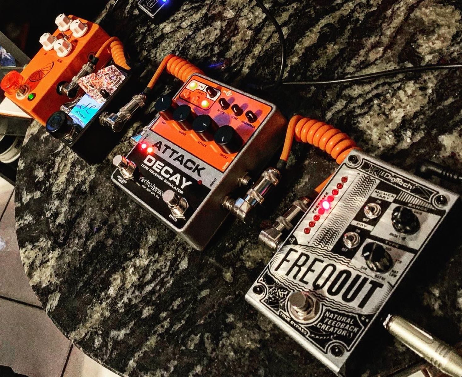 Pedalboard by andreberaldino featuring DigiTech FreqOut Natural Feedback Creator, Electro-Harmonix Attack Decay Tape Reverse Simulator, and Xotic SL Drive Chrome and 1 more piece of gear