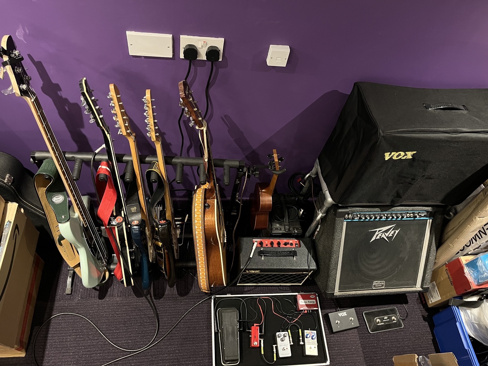 Studio Setup by ukebloke featuring Electro-Harmonix Triangle Big Muff Pi Reissue, Fender Stratocaster American Standard, and Ibanez AE300 acoustic and 6 more pieces of gear