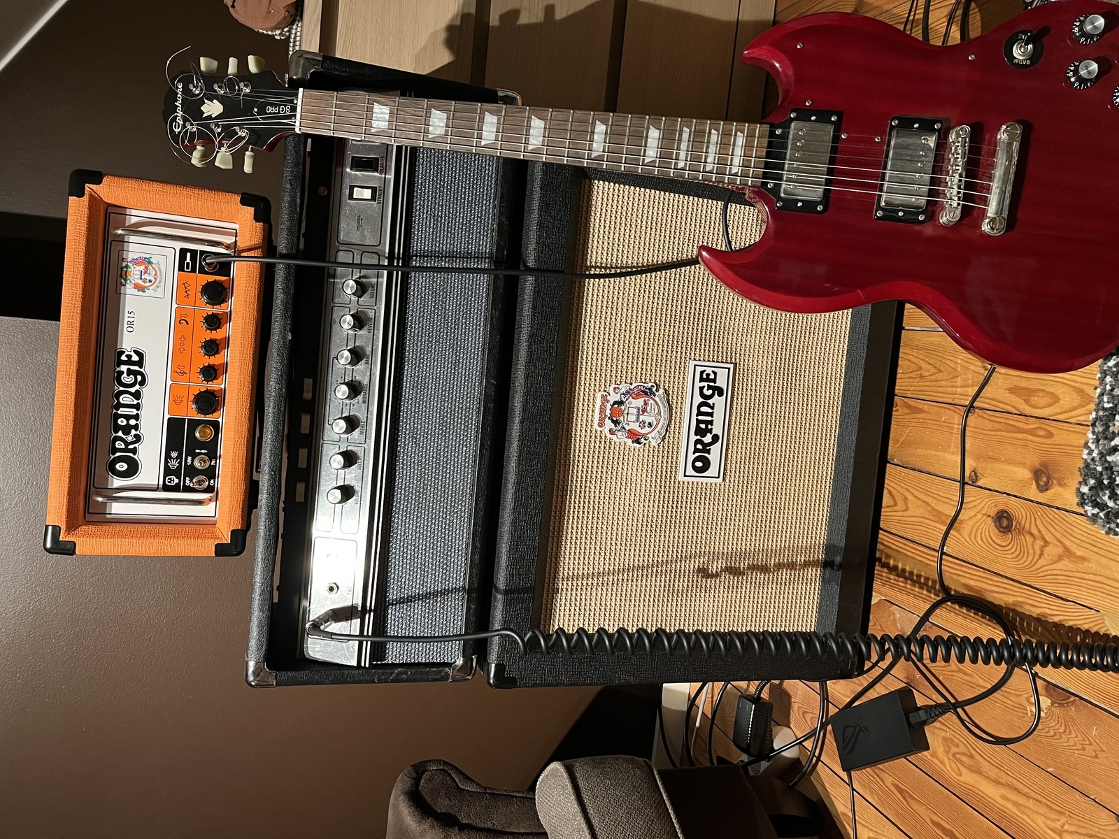 Electronic Studio Setup by torsten_bok_denward featuring Vintage Ampeg V4 Amplifier Head, Orange OR15H 15W Tube Guitar Amp Head, and Orange PPC212OB Guitar Speaker Cabinet and 1 more piece of gear