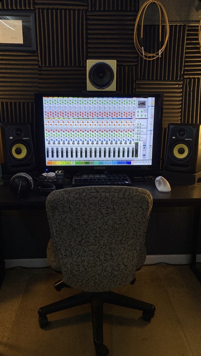 Electronic Studio Setup by fairylightfort featuring KRK RP5 Rokit 5 G2, Avantone Active MixCube, and Akai Professional MPK Mini MK III Limited Edition Black on Black 25-key Keyboard Controller and 7 more pieces of gear