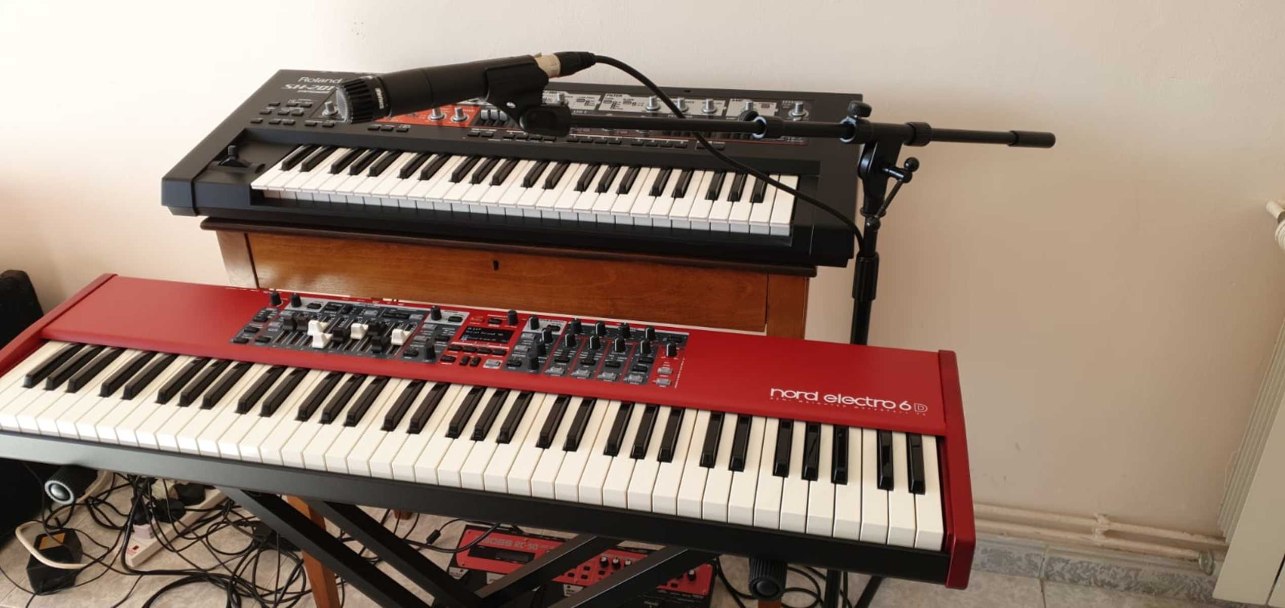 Electronic Synth Setup by aravin_dhillon featuring Roland SH-201 Synthesizer, Nord Electro 6D 73, and Shure SM57