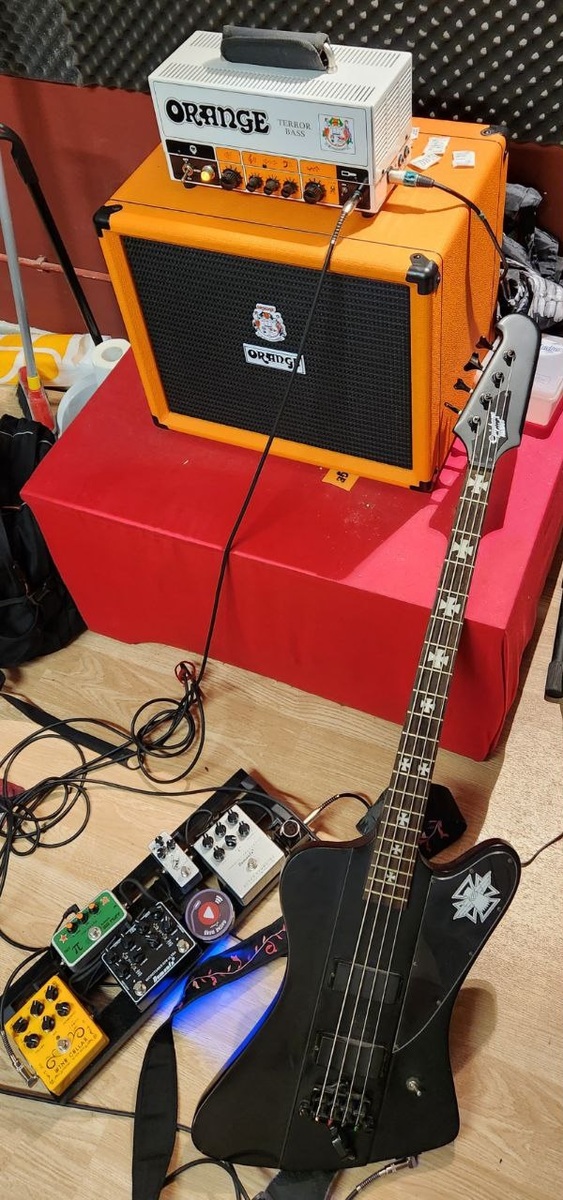 Metal Pedalboard by thenerdbass featuring Epiphone Nikki Sixx Blackbird Bass, Orange Terror Bass, and Orange OBC112 Bass Cabinet and 5 more pieces of gear