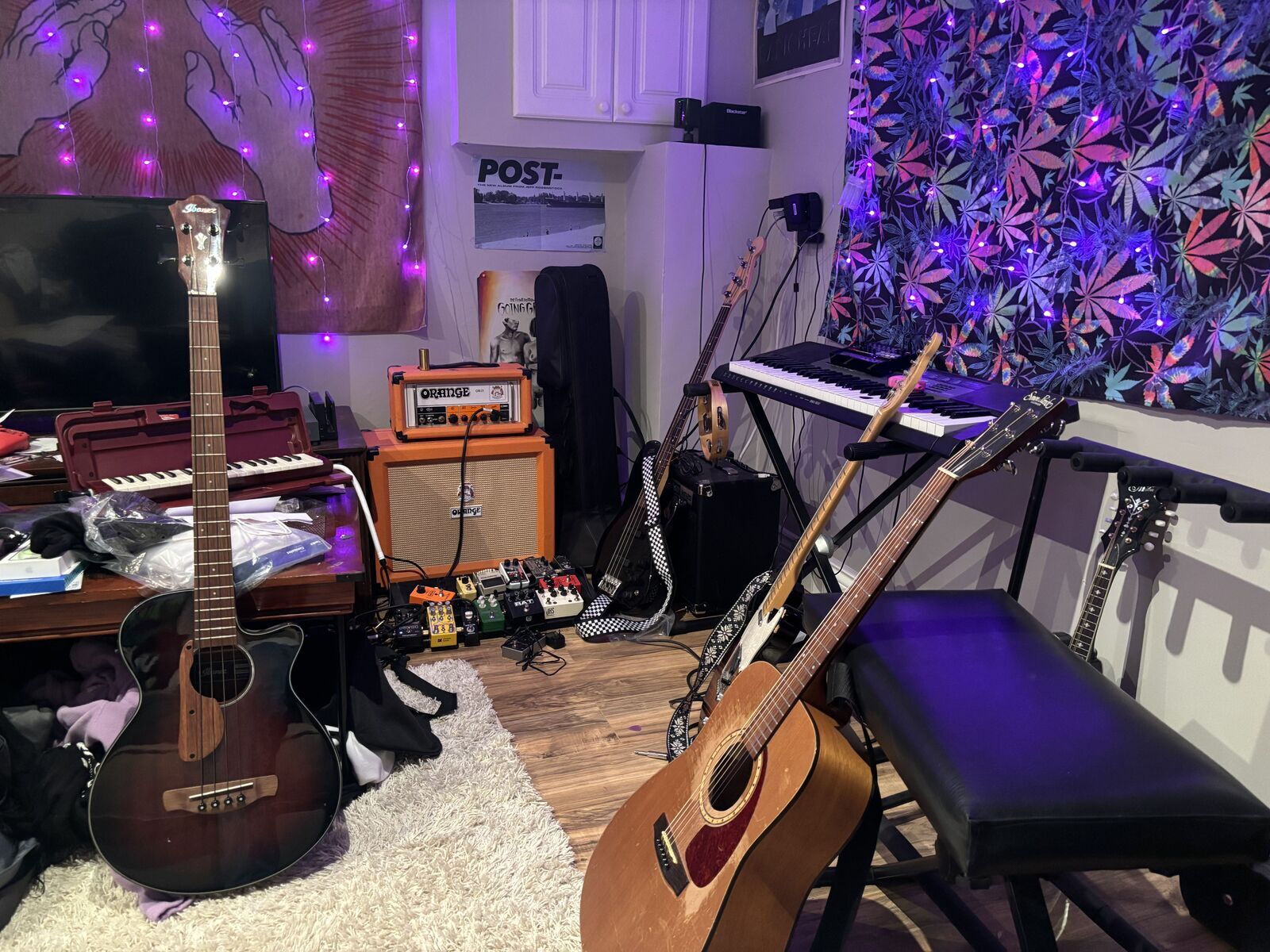 Pedalboard by stcharlesplace featuring Ibanez AEB5E Acoustic-Electric Bass Black, Yamaha Pianica P-37D Melodica, and Orange OR15H 15W Tube Guitar Amp Head and 25 more pieces of gear