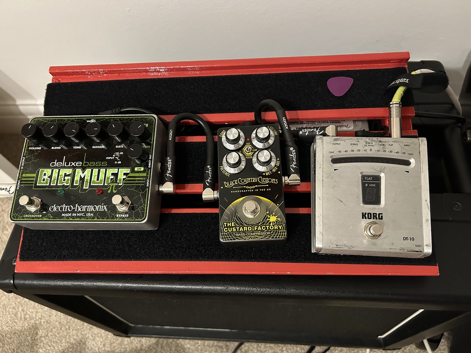 Metal Pedalboard by chrisdesign featuring Electro-Harmonix Deluxe Bass Big Muff Pi Fuzz, Fender Engine Room LVL5 Power Supply, and Laney Black Country Customs The Custard Factory and 1 more piece of gear