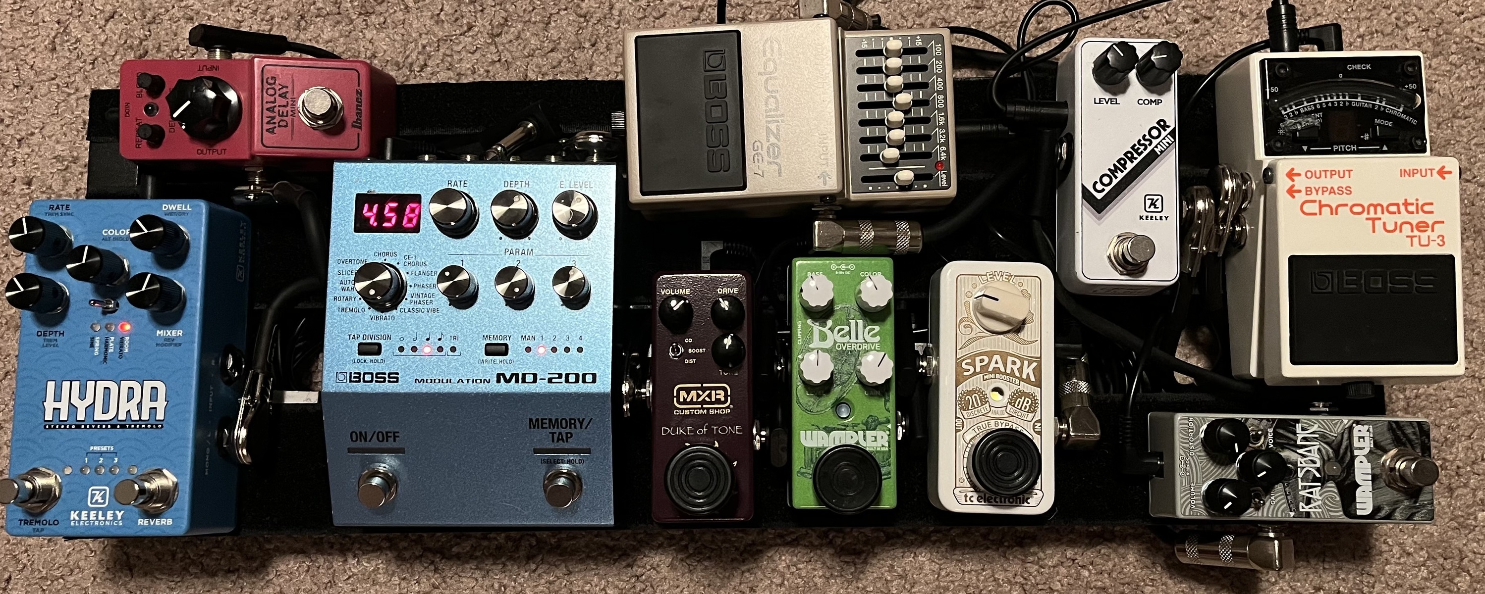 Pedalboard by timwasem featuring Wampler Belle, MXR Duke of Tone Overdrive Pedal, and Boss MD-200 Modulation and 7 more pieces of gear