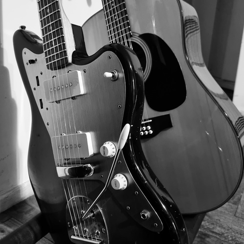 Photo of Sigma DM12-1ST and more gear in a studio and guitar
