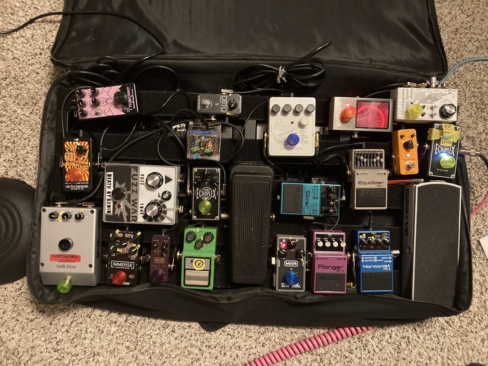Pedalboard by hope featuring Ibanez TS9 Tube Screamer, Mooer Yellow Comp, and MXR Duke of Tone Overdrive Pedal and 19 more pieces of gear