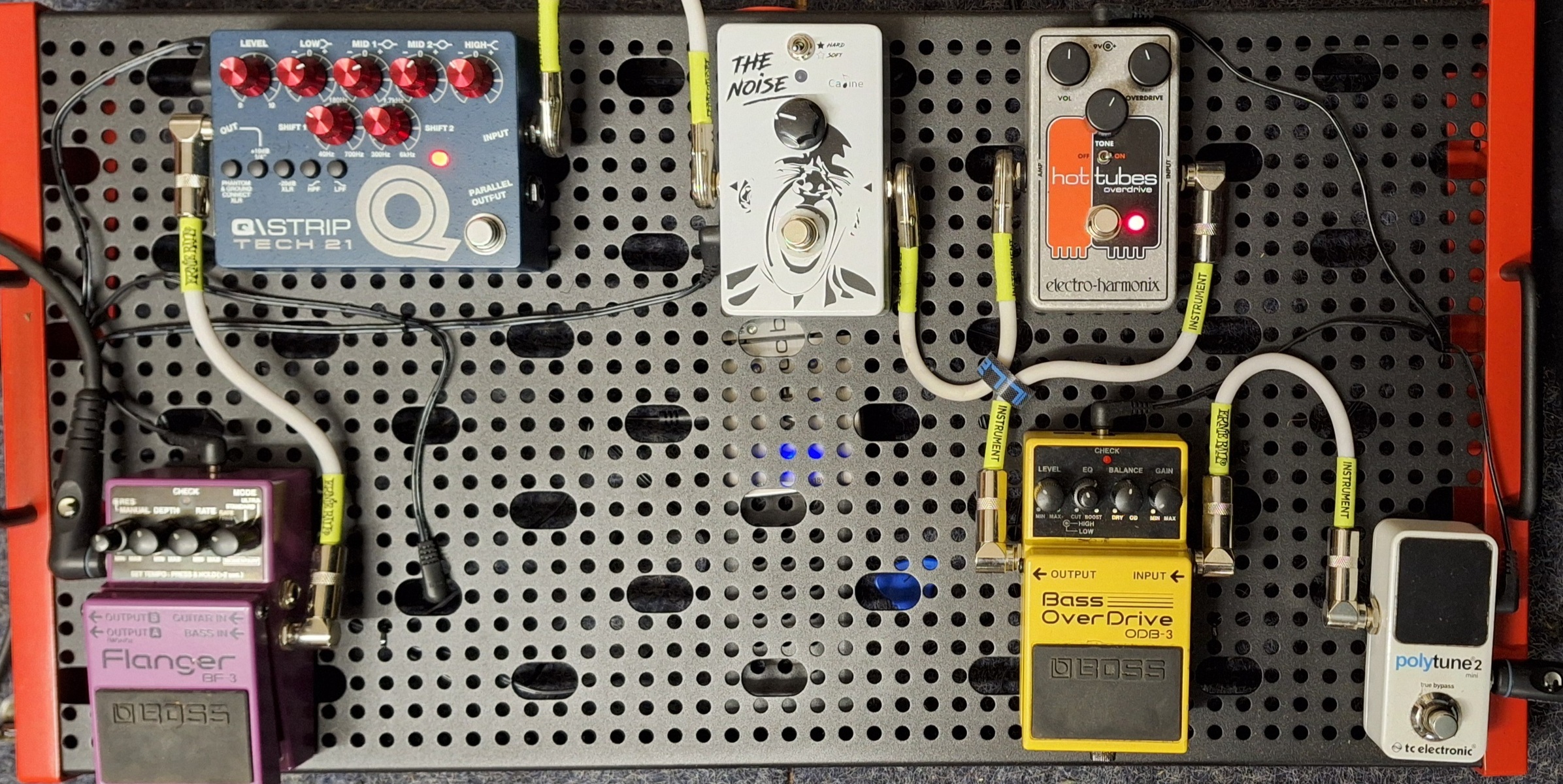 Metal Pedalboard by kaindabassically featuring TC Electronic PolyTune 2 Mini, Boss ODB-3 Bass OverDrive, and Electro-Harmonix Hot Tubes Nano and 3 more pieces of gear