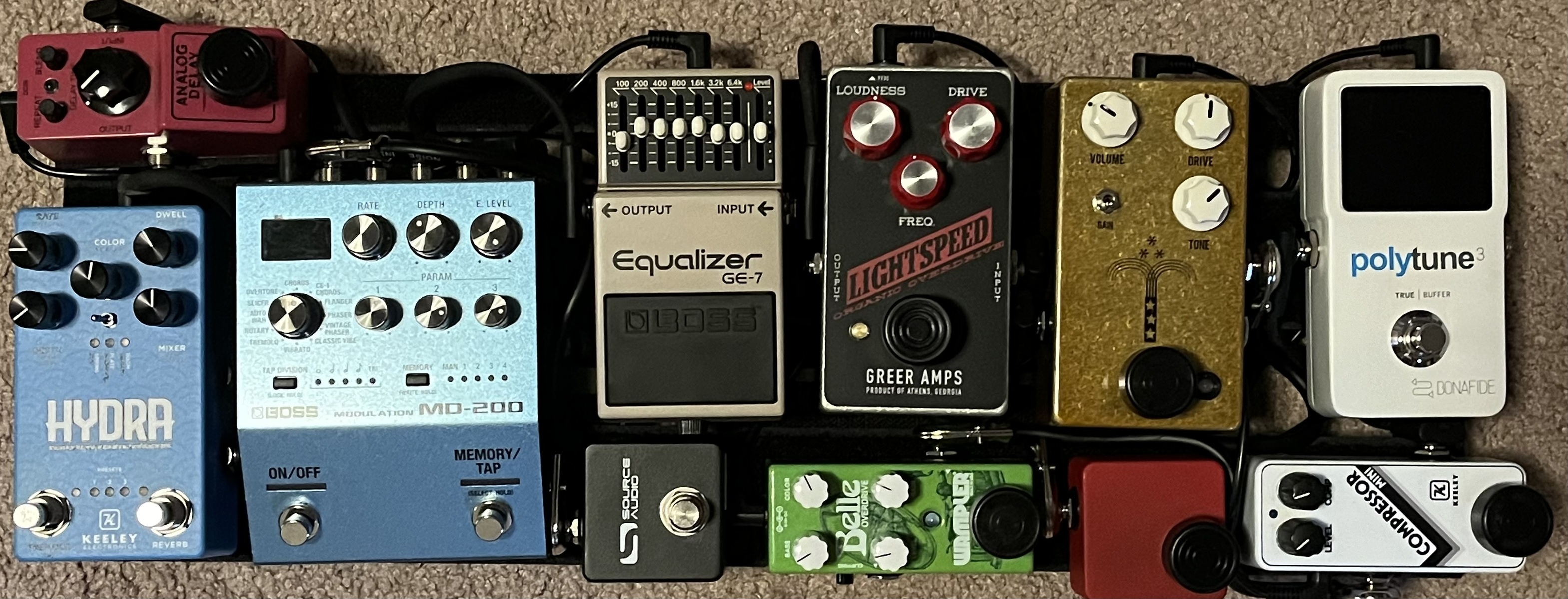 Pedalboard by timwasem featuring Greer Amps Lightspeed Organic Overdrive, Wampler Belle, and Boss GE-7 Graphic Equalizer and 6 more pieces of gear