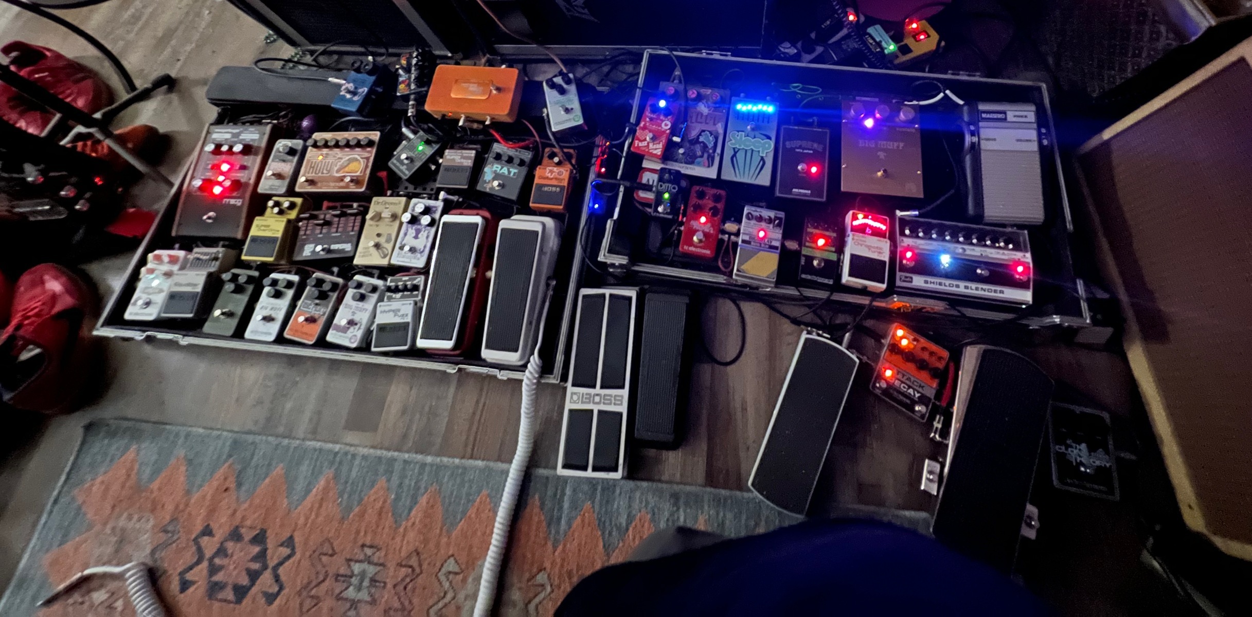 Pedalboard by timwatson featuring Electro-Harmonix Op-Amp Big Muff Pi, Electro-Harmonix J Mascis Ram’s Head Big Muff Pi, and Electro-Harmonix Green Russian Big Muff Reissue and 1 more piece of gear