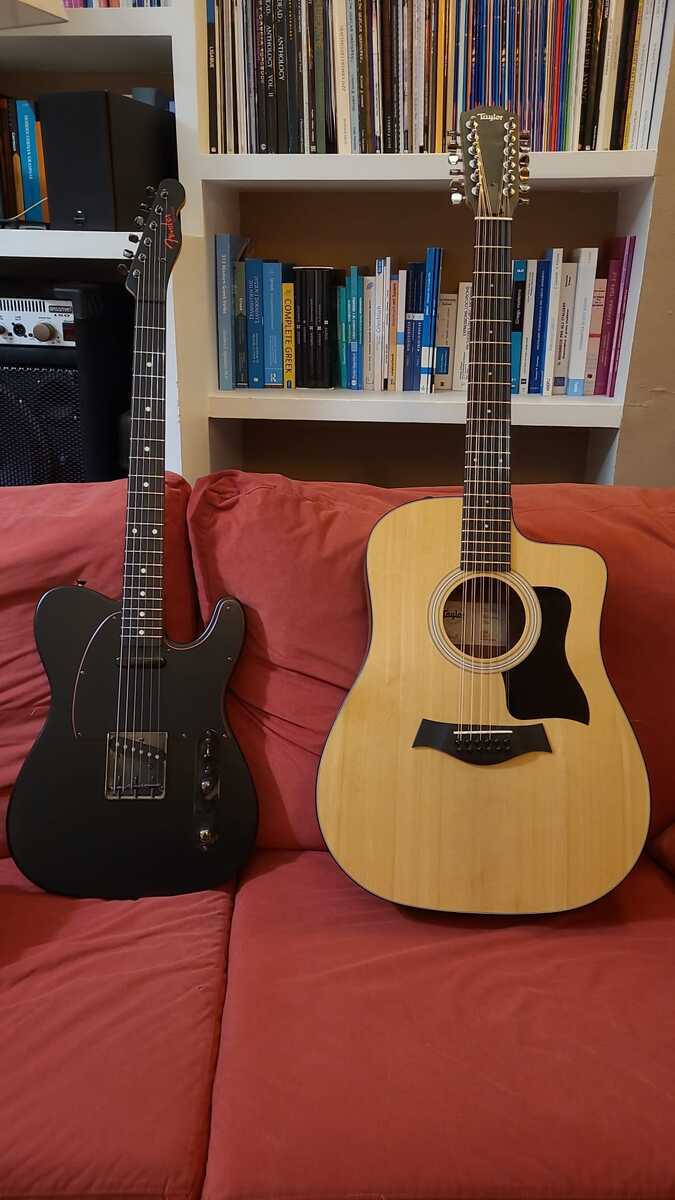 Fender Music Gear Setup by aravin_dhillon featuring Fender Telecaster Special Edition Noir (2017) and Taylor 150ce Dreadnought 12-string Acoustic-electric Guitar