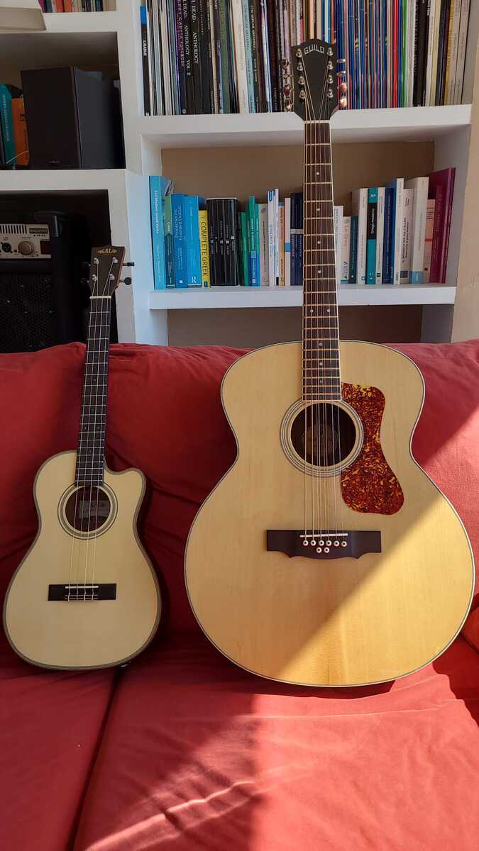 Kala Music Gear Setup by aravin_dhillon featuring Kala KA-SSEBY-B-CE Baritone Ukulele, Striped Ebony and Guild BT-258E Baritone Deluxe Acoustic-Electric Guitar