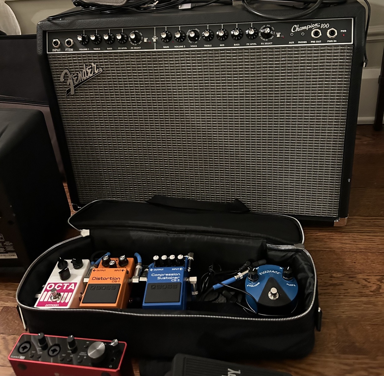Pedalboard by m_chaelh featuring Boss DS-1 Distortion, Dunlop Cry Baby CBJ95 Junior Wah, and Focusrite Scarlett 2i2 and 6 more pieces of gear