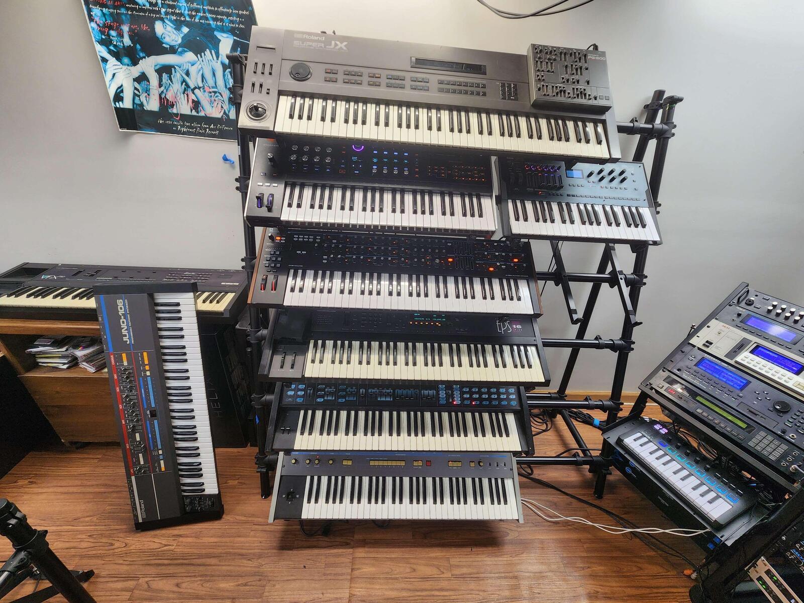 Electronic Synth Setup by chase_h_xealot featuring Roland JX-10 Super JX, ASM Hydrasynth, and Korg Opsix and 13 more pieces of gear
