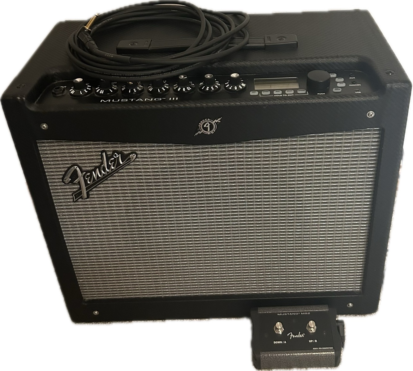 Fender Amp Rig by falka featuring Fender Mustang III, Fender 2-button Programmable Footswitch: Mustang™ Series, and Mogami Gold Instrument 18R Straight to Right Angle Instrument Cable - 18 foot