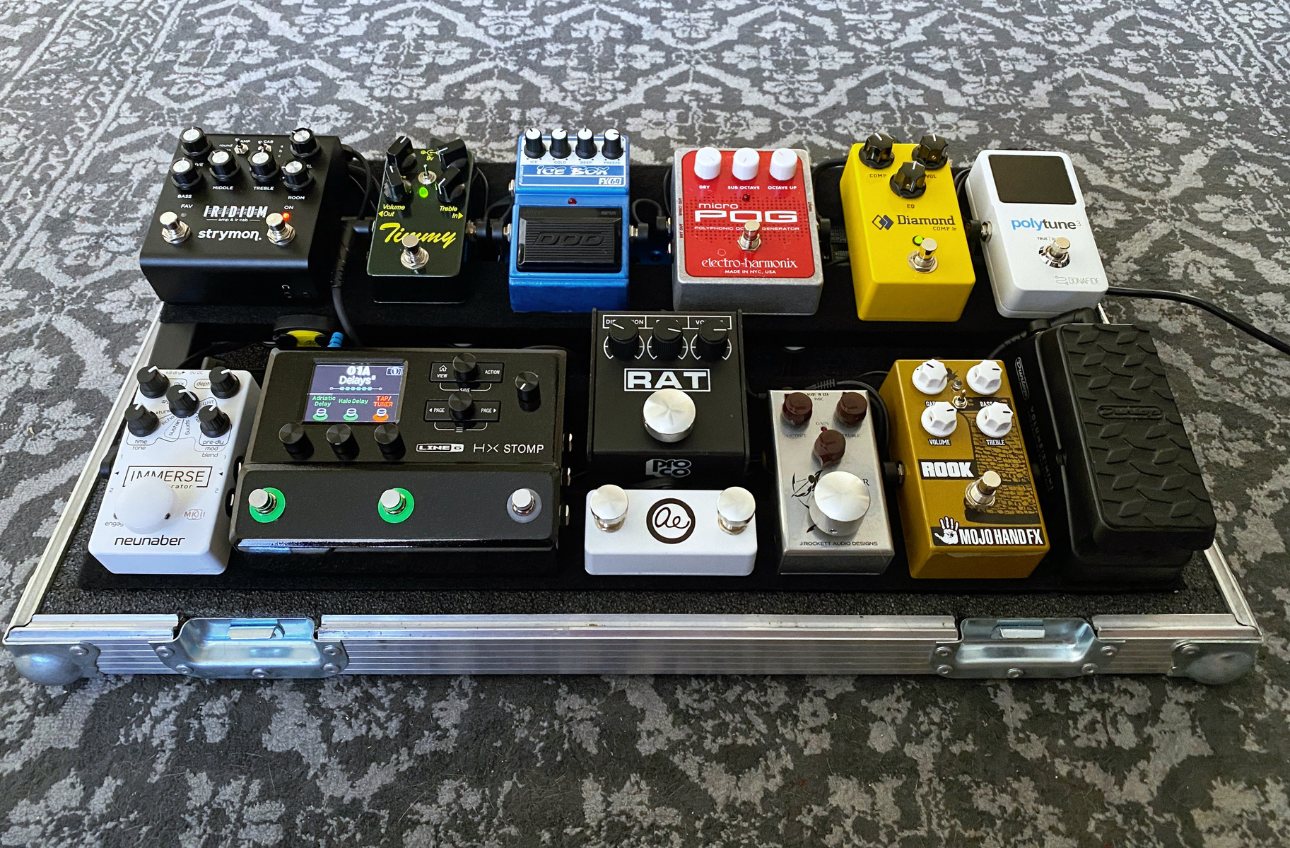 Pedalboard by mattlefevers featuring Mojo Hand Fx Rook Overdrive, Diamond Comp Jr, and Electro-Harmonix Micro POG Polyphonic Octave Generator and 9 more pieces of gear